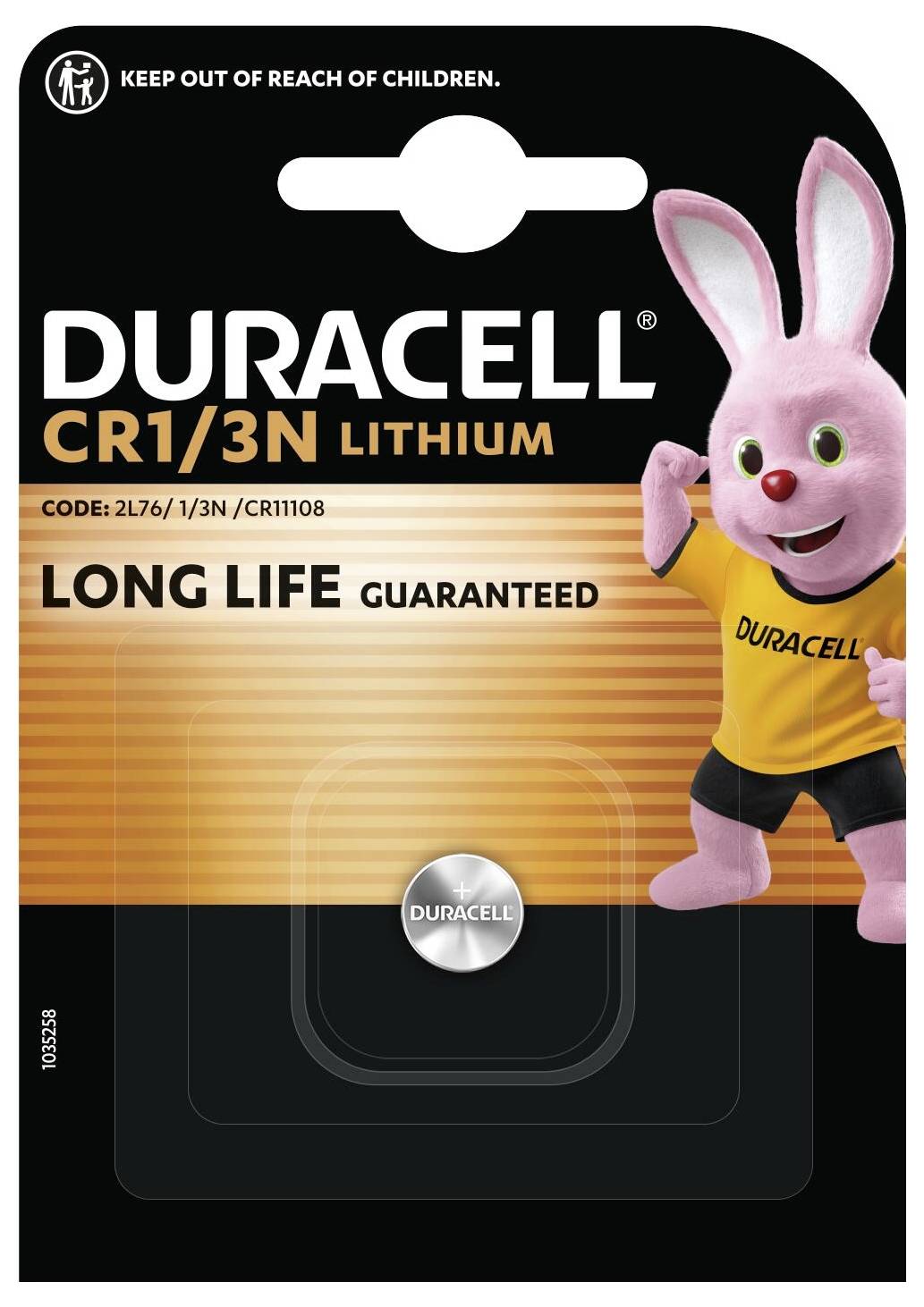 Verpackung einer Duracell Lithium-Batterie (1/3N) mit Abbildung eines rosa Hasen. Warnung: 'Außer Reichweite von Kindern aufbewahren'.