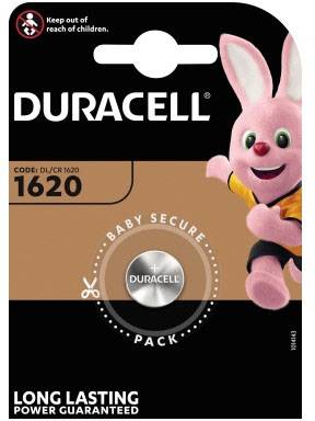 Duracell-Knopfzellenbatterie-Packung mit rosa Hasenmaskottchen, Hinweis 'von Kindern fernhalten', Code DL/CR 1620.