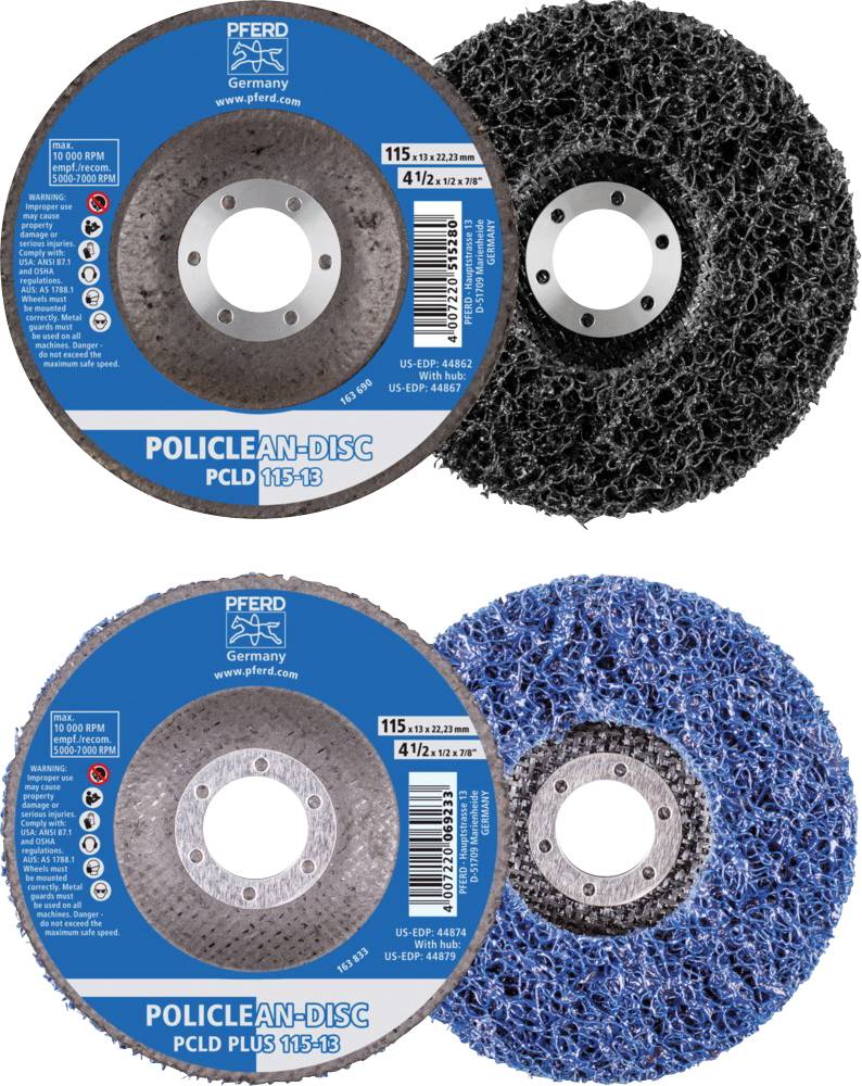 Zwei Polierscheiben der Marke 'PFERD', oben in Schwarz, unten in Blau, mit der Bezeichnung 'POLICLEAN-DISC PCLD 115-13'.