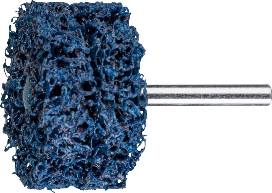 Schleifwerkzeug mit blauem, offenem Vlies-Kunststoffmaterial und Metallstift; verwendet zum Entgraten und Reinigen von Oberflächen.