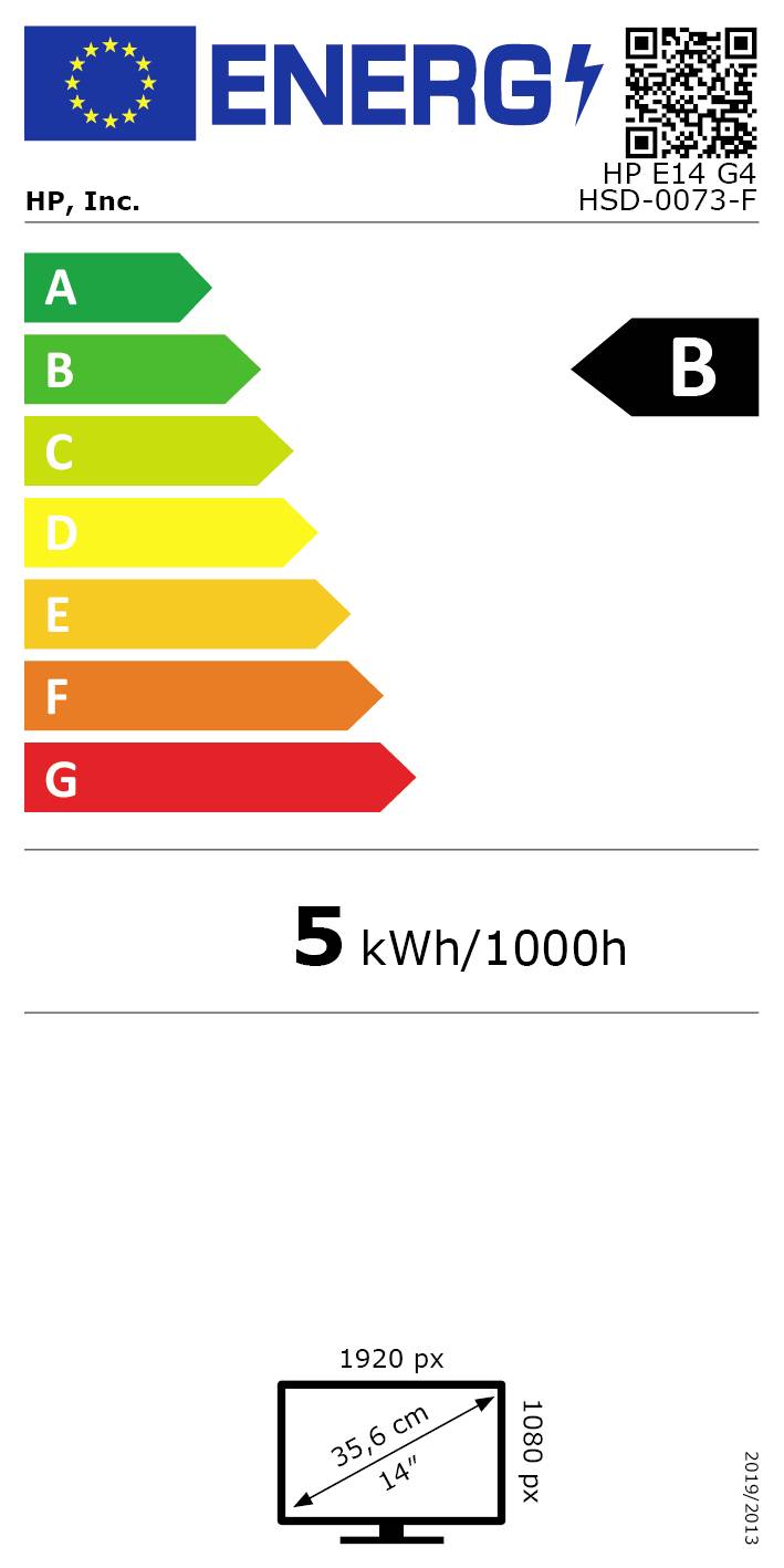 Energieetikett für ein elektronisches Gerät. Effizienzklasse B. Energieverbrauch: 5 kWh/1000h. Bildschirmgröße: 35,6 cm (14 Zoll).