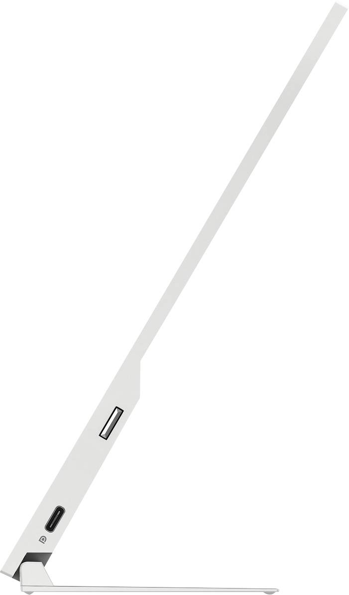 Ein schlichtes, modernes LED-Leselicht mit dünnem, weißen Schaft und rechteckigem Standfuß. Minimalistisches Design, platzsparend.