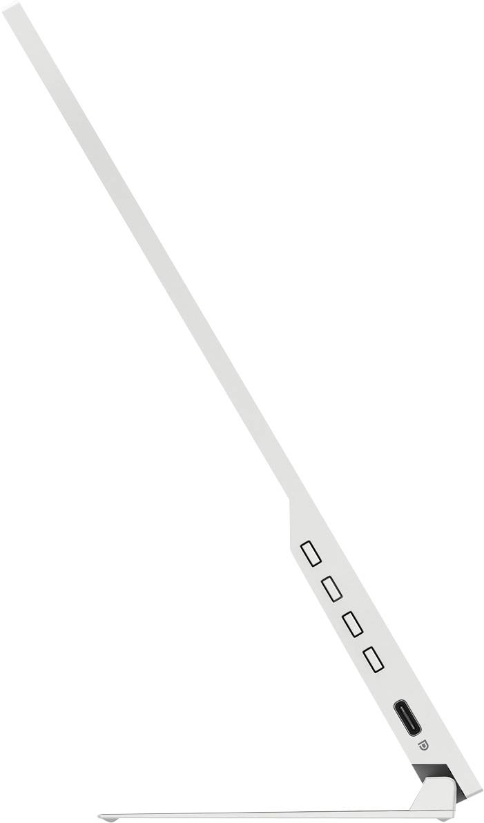 Flache, weiße Tischlampe mit schmalem, modernem Design, seitlich vier Knöpfe und ein USB-Anschluss sichtbar.