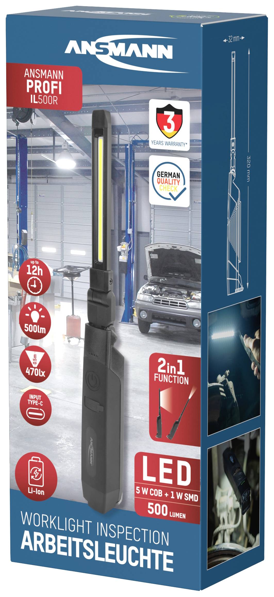 Ansmann 990-00111 Profi 500 LED Werkstatt-Stableuchte akkubetrieben 5W 500lm