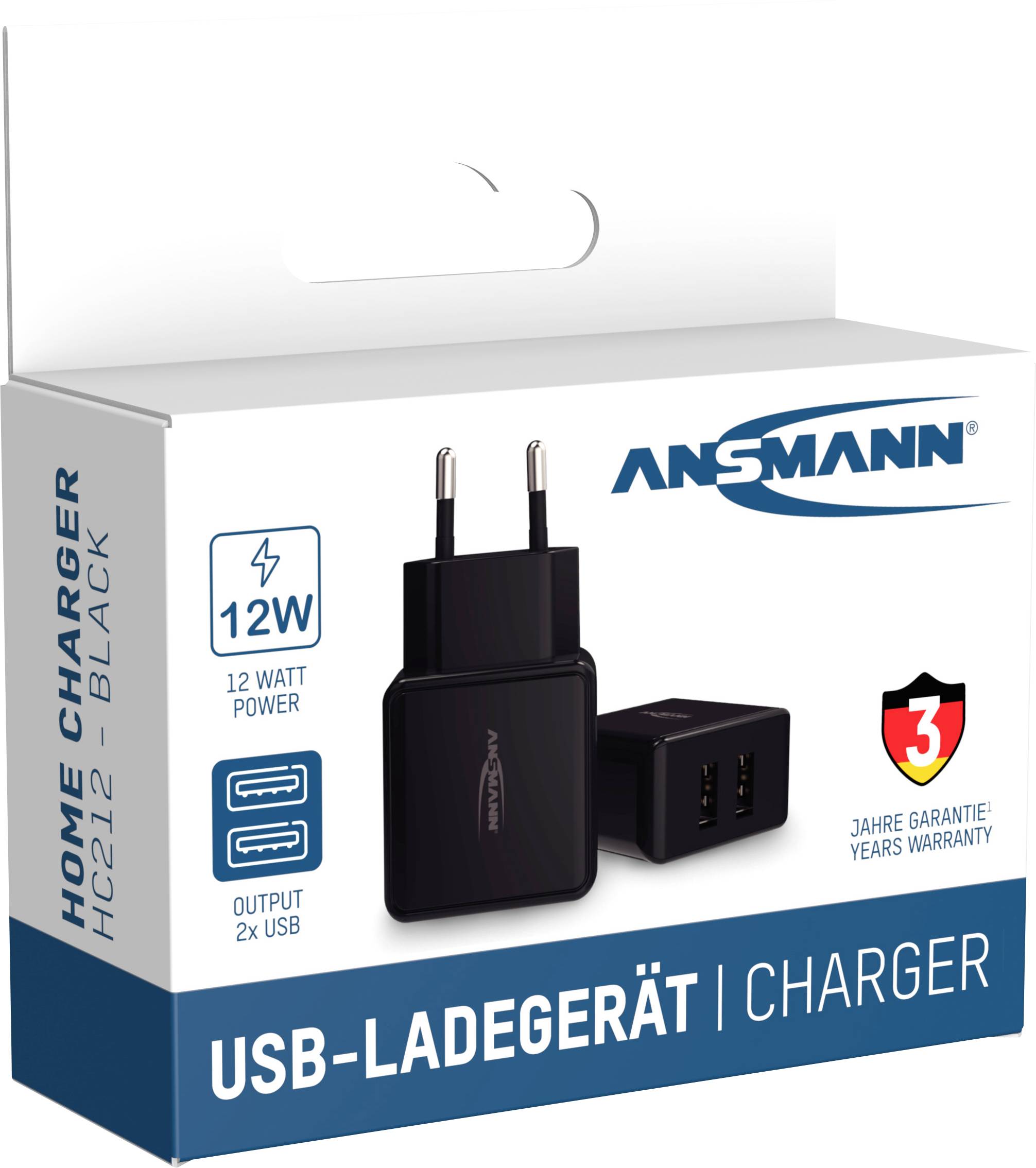Ansmann HomeCharger HC212 USB Ladegerät 12 W 2x USB-A Schwarz Innenbereich