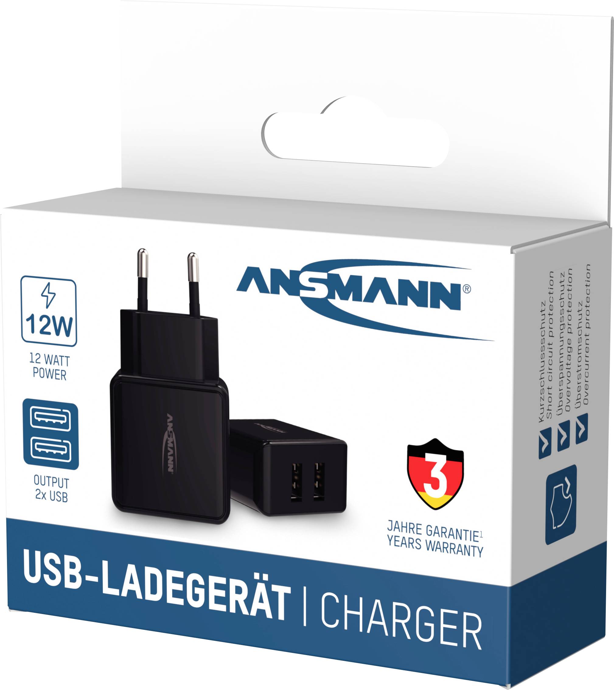 Ansmann HomeCharger HC212 USB Ladegerät 12W 2x USB-A Schwarz Innenbereich