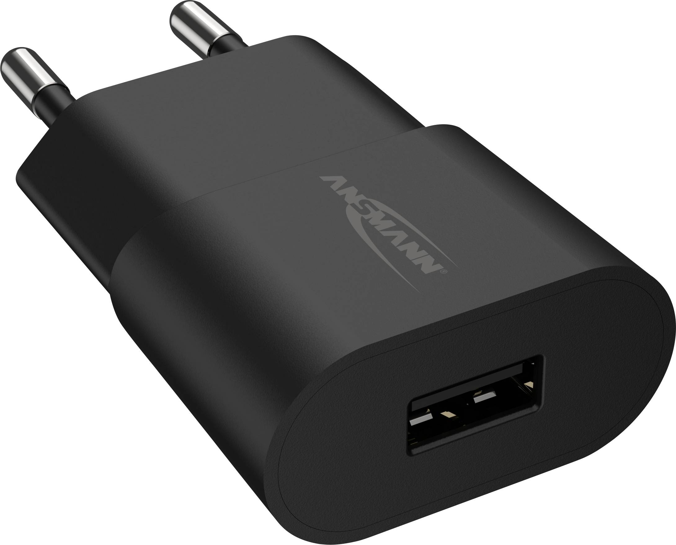 Schwarzes USB-Ladegerät mit europäischem Stecker, geeignet für mobile Geräte.