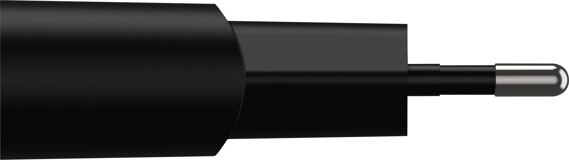 Ein schwarzer Netzadapterstecker mit gerundeter Metallspitze, typisch für Elektrokleingeräte-Ladegeräte.