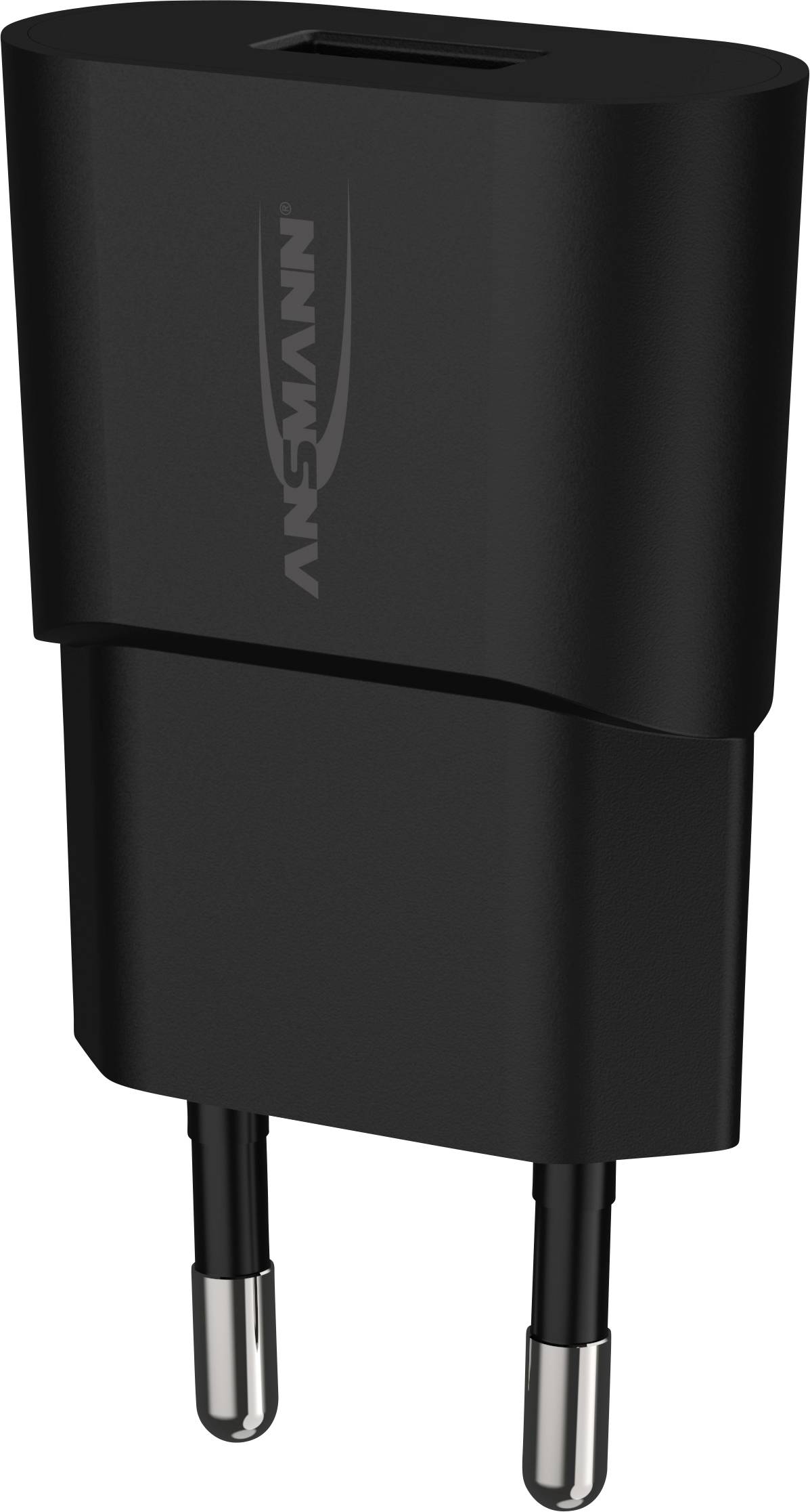 Ein schwarzes Ladegerät mit zwei Steckstiften und einem USB-Anschluss oben, geeignet für europäische Steckdosen.