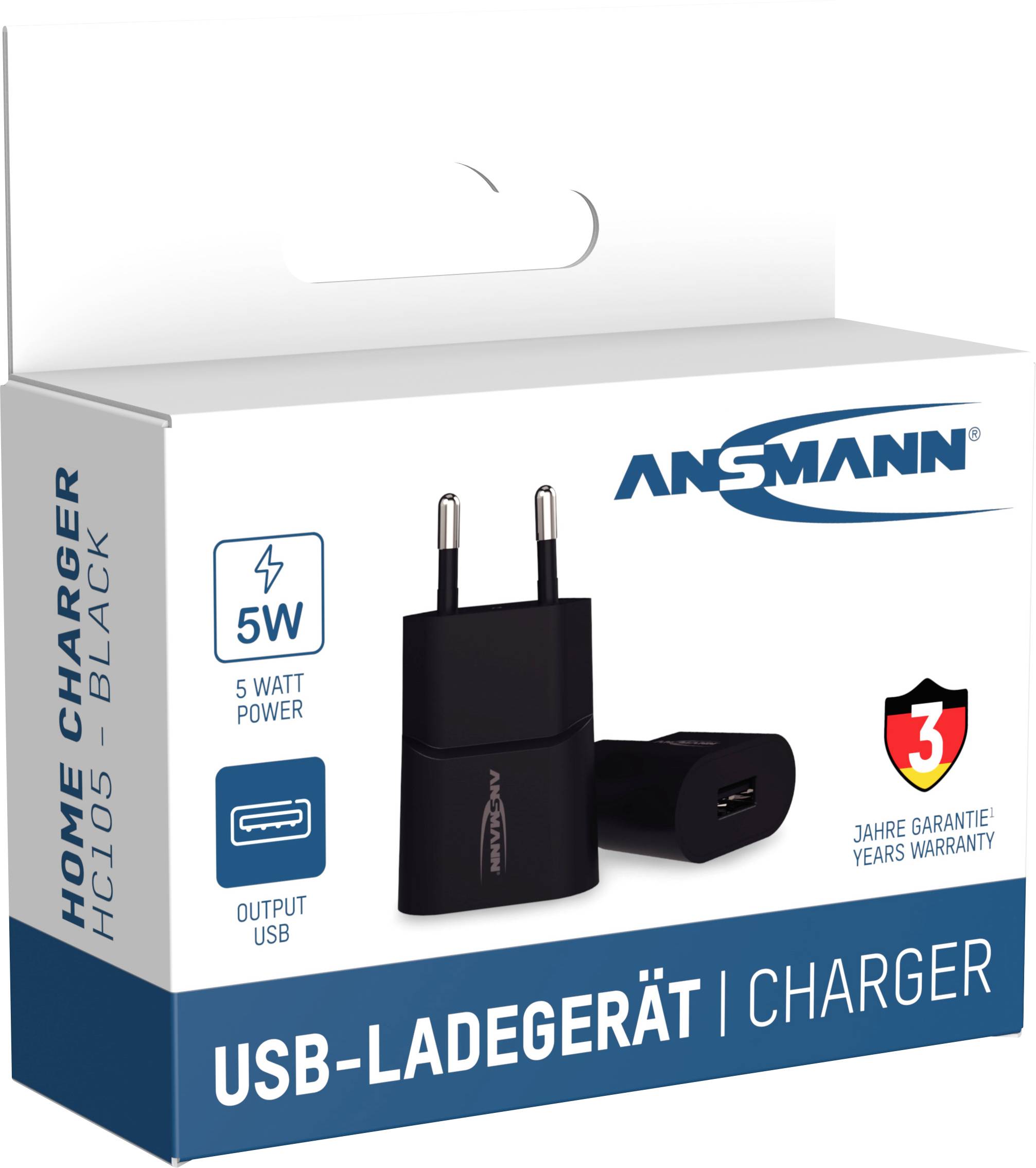 'USB-Ladegerät' Verpackung mit Abbildung eines schwarzen Ladegeräts. Text: '5 Watt Power', '3 Jahre Garantie'. Markenteil: 'ANSMANN'.