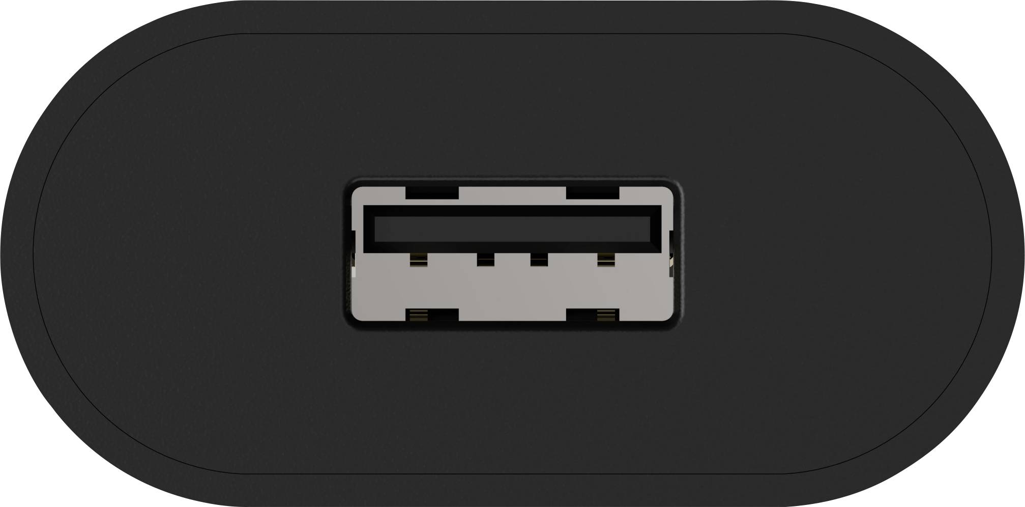 Schwarzer USB-Anschluss auf dunklem Hintergrund, Ansicht von vorne.
