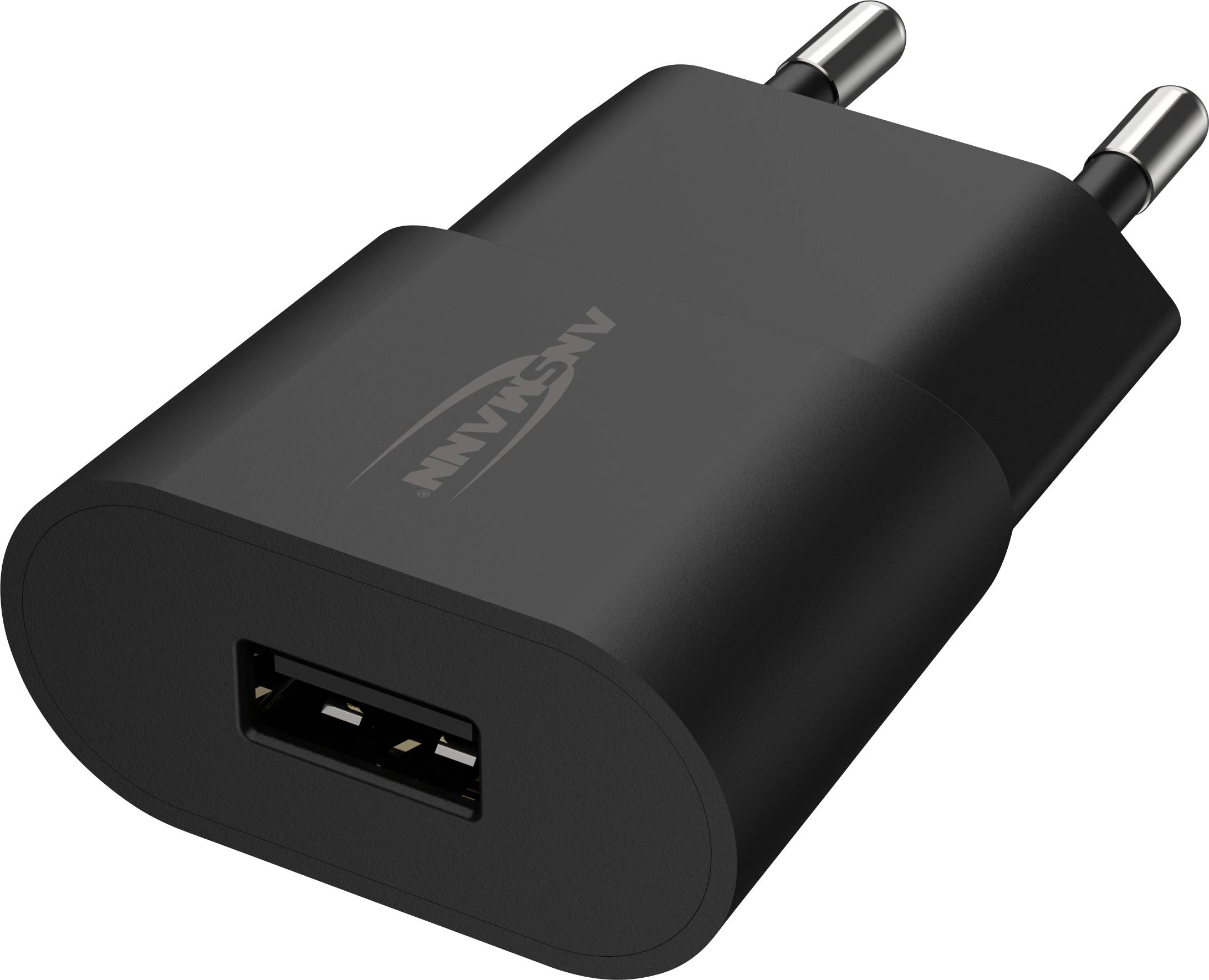Schwarzes USB-Ladegerät mit Eurostecker und einer USB-Buchse für das Laden von elektronischen Geräten.