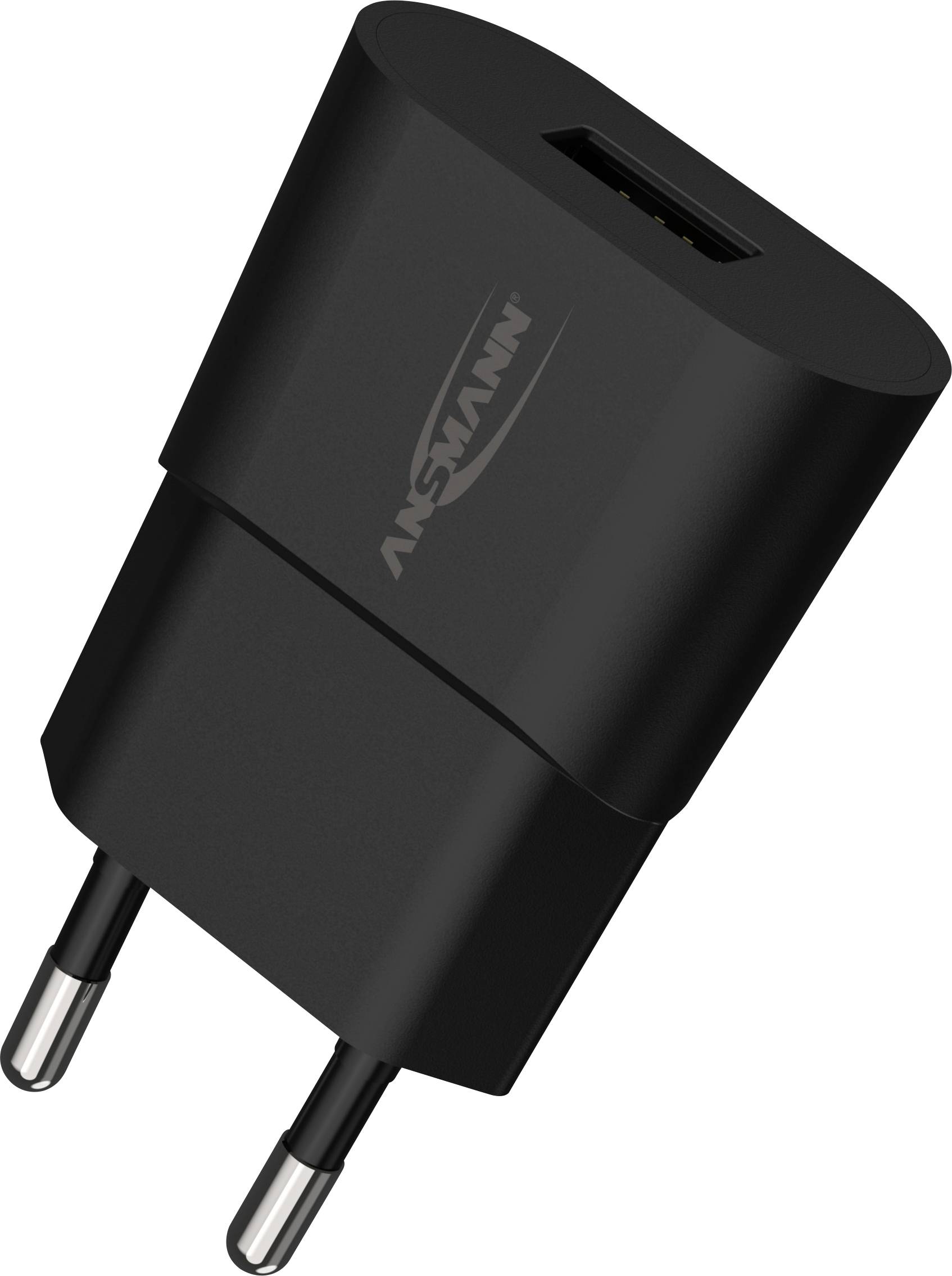 Schwarzes USB-Ladegerät mit zwei Eurosteckern, Marke aufgedruckt.