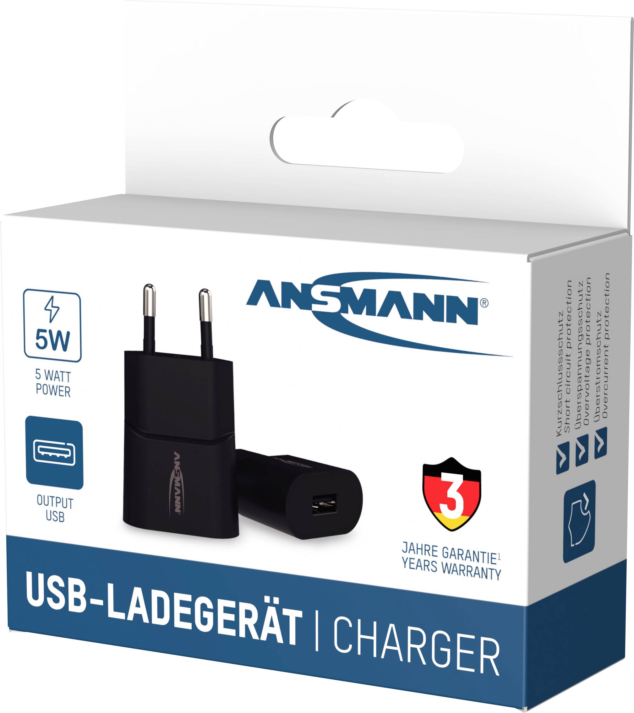USB-Ladegerät-Verpackung mit Abbildung des Ladegeräts, Text '5 Watt', 'USB-Ladegerät', 3 Jahre Garantie-Symbol und Markenlogo.