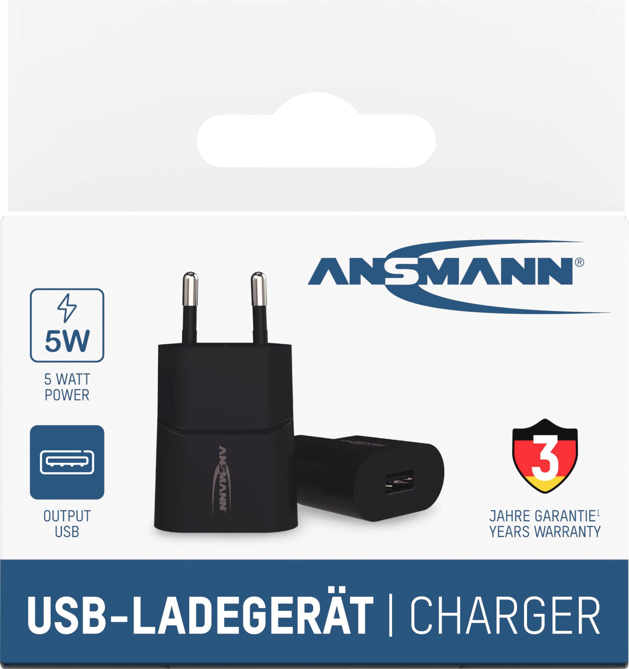 USB-Ladegerät von Ansmann mit 5 Watt Leistung. Enthält eine 3-Jahres-Garantie. Geeignet für USB-Ausgang.