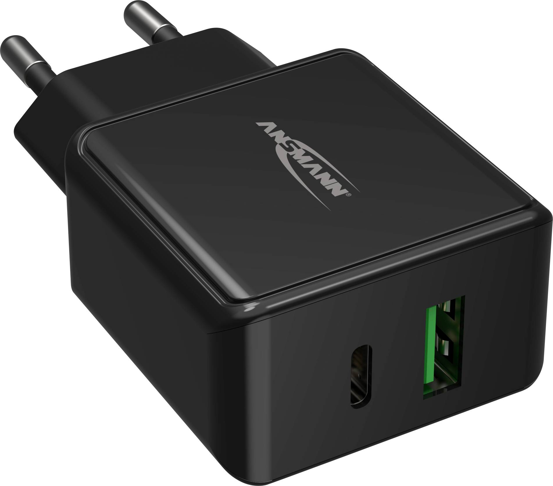 Schwarzes USB-Ladegerät mit zwei Anschlüssen: einem USB-C- und einem USB-Anschluss.