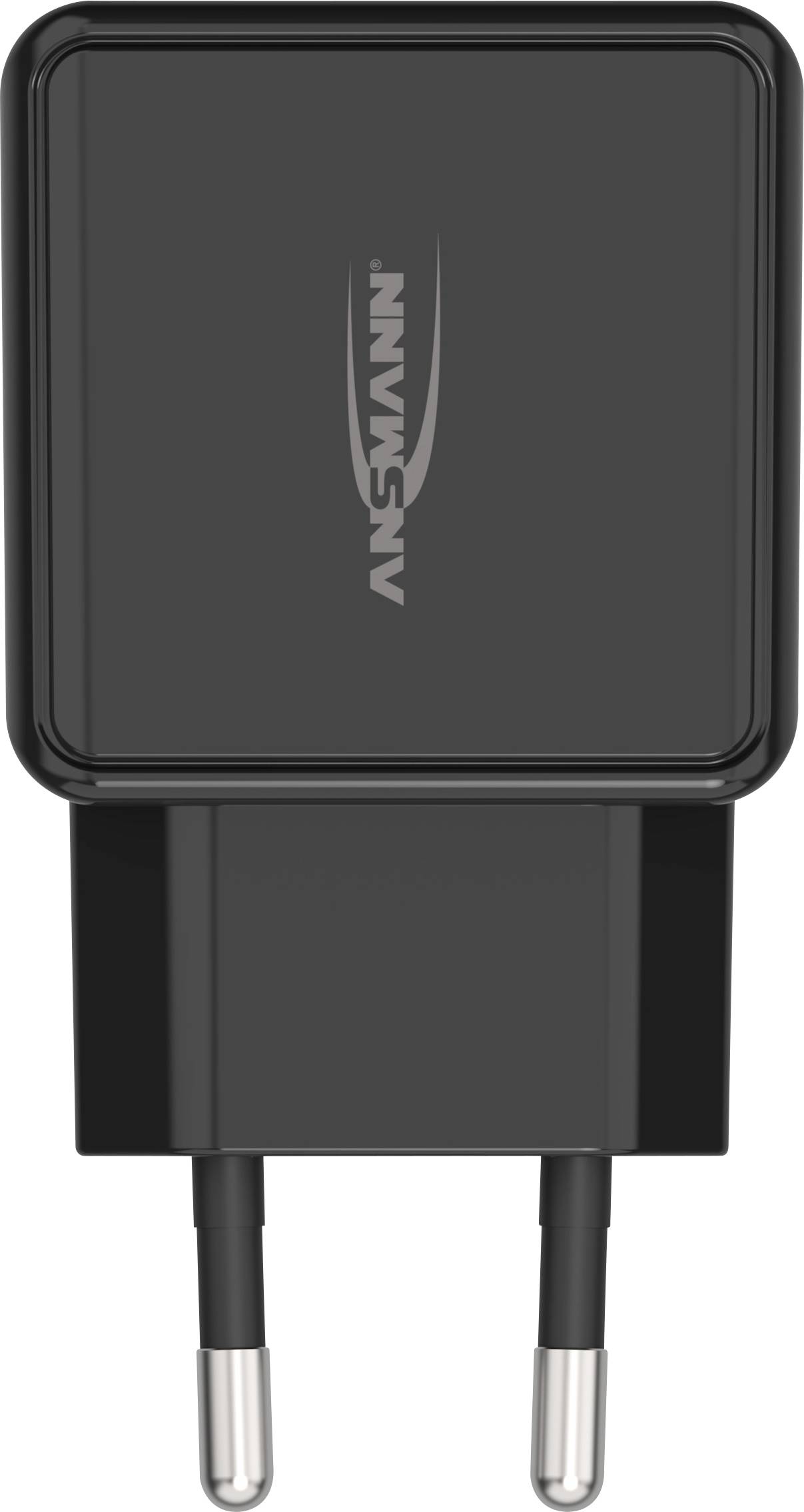 Ein schwarzes USB-Ladegerät mit zwei runden Steckern, markiert mit 'ANSMANN'.