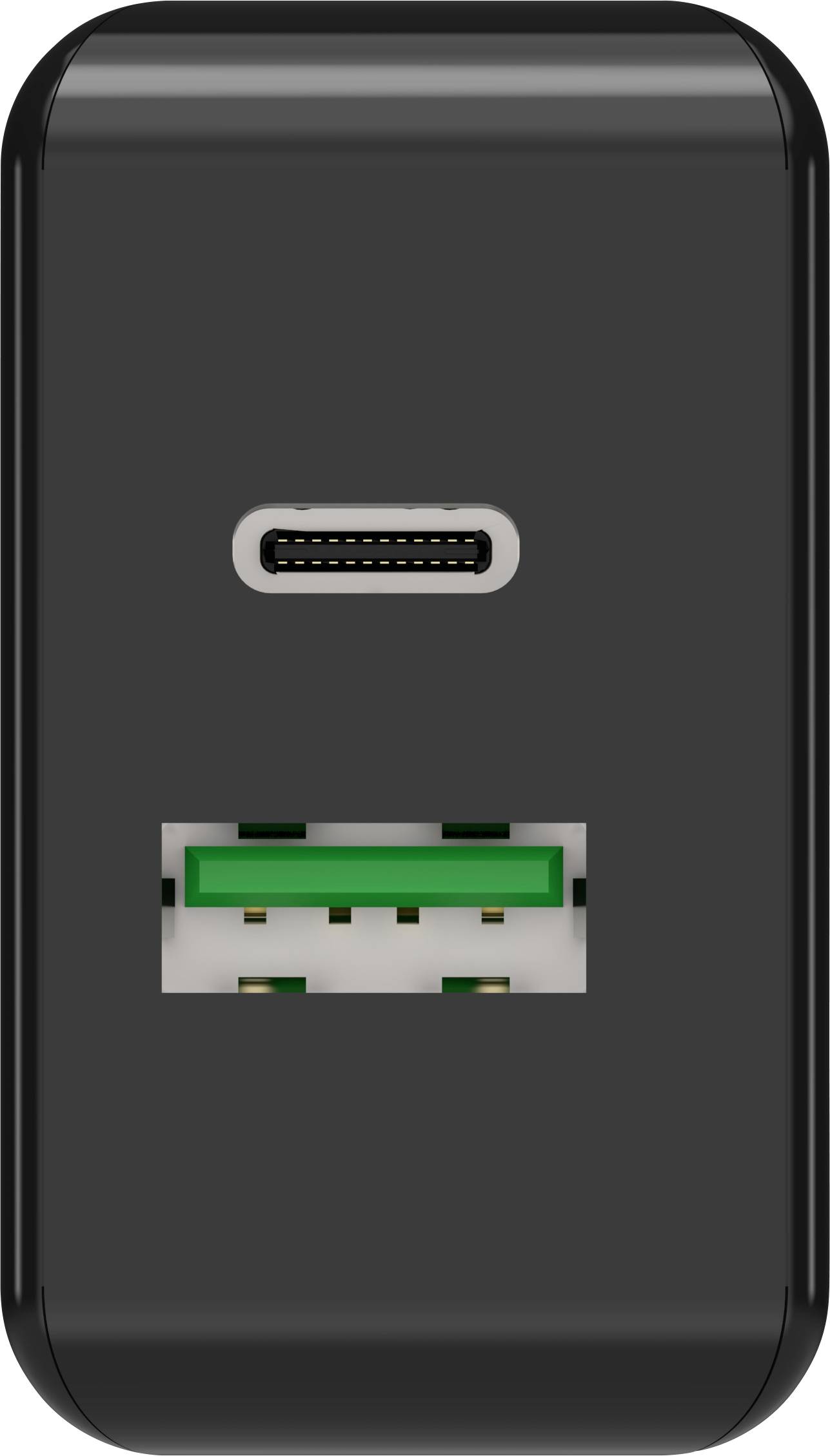 Ein schwarzes Ladegerät mit einem USB-C- und einem USB-A-Anschluss.