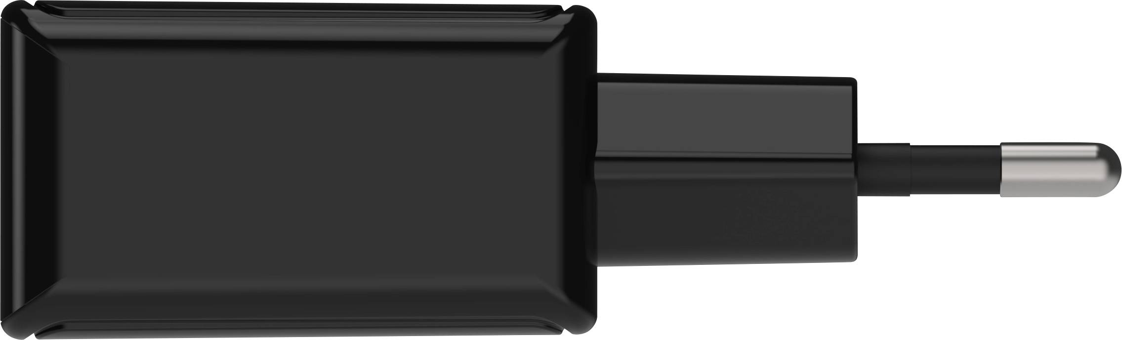 Schwarzes Wandladegerät, typischer Stecker, rechteckiges Design, geeignet für elektronische Geräte.