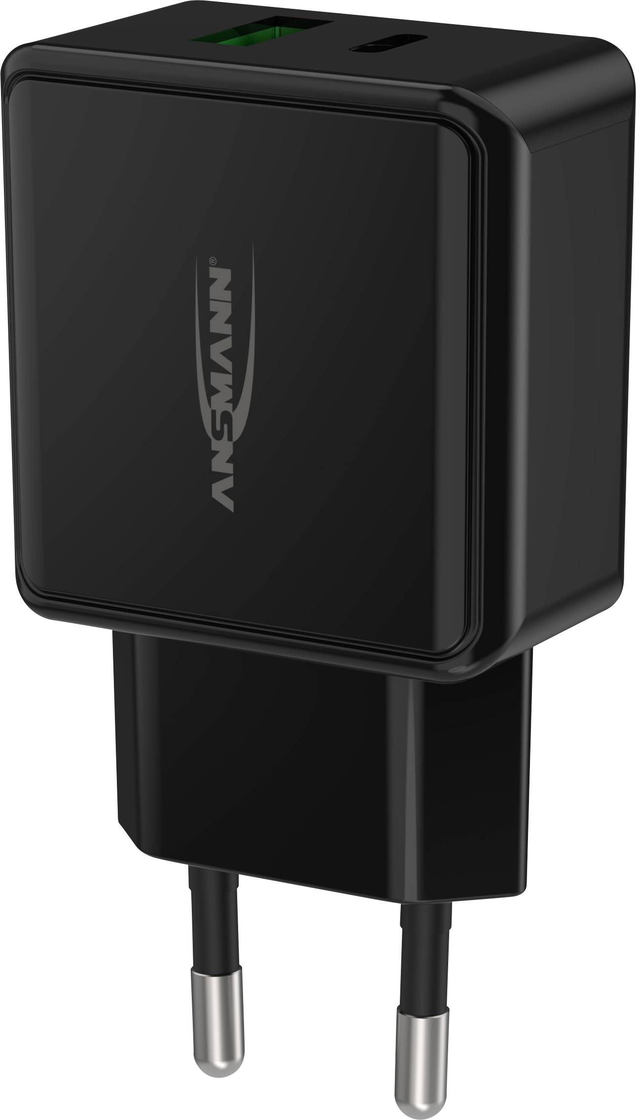 Ein schwarzes USB-Ladegerät mit zwei Anschlüssen, geeignet für europäische Steckdosen, abgebildet in leicht schräger Perspektive.