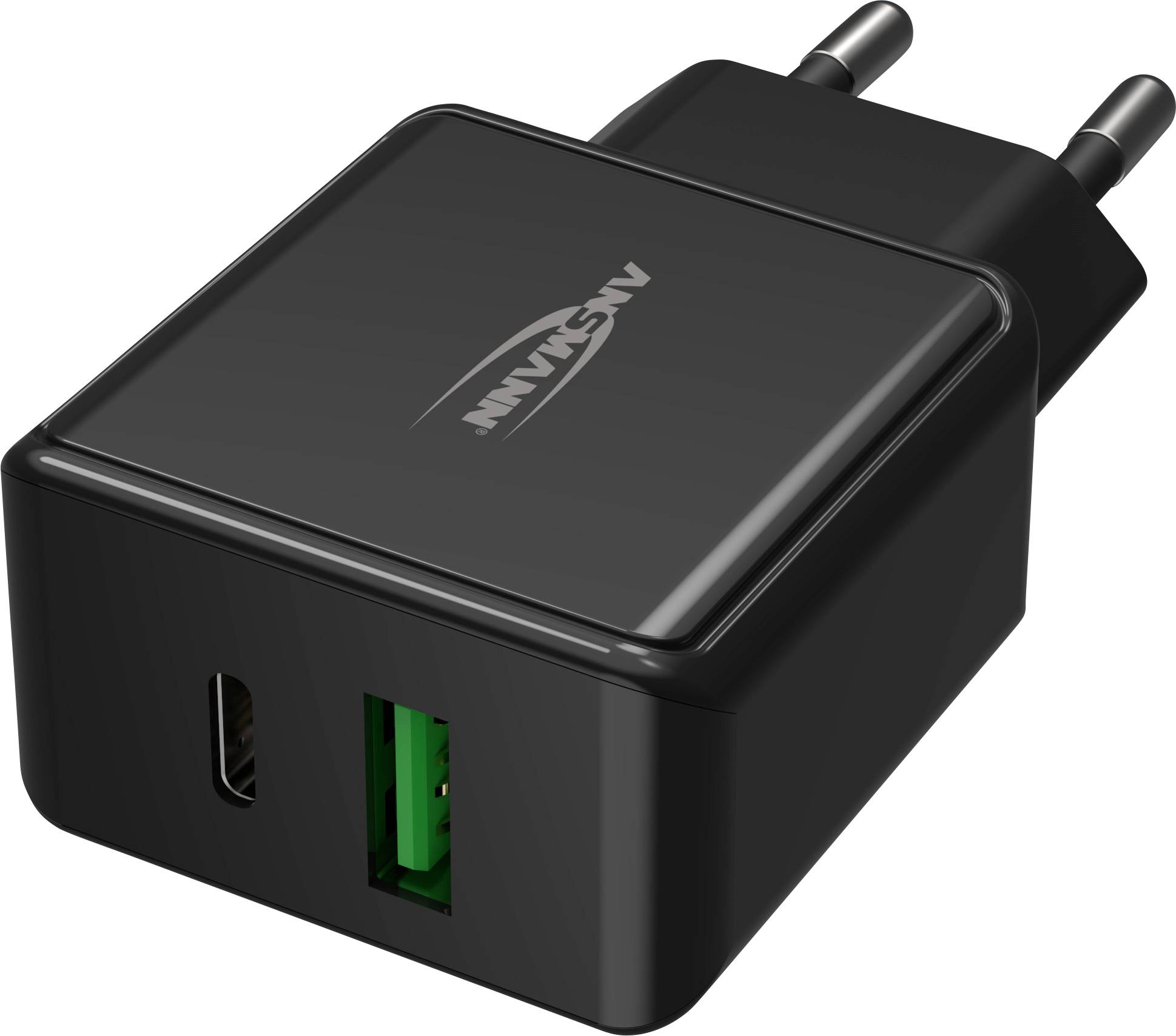 Ein schwarzes Ladegerät mit zwei USB-Anschlüssen, einem normalen und einem Typ-C, geeignet für europäische Steckdosen.