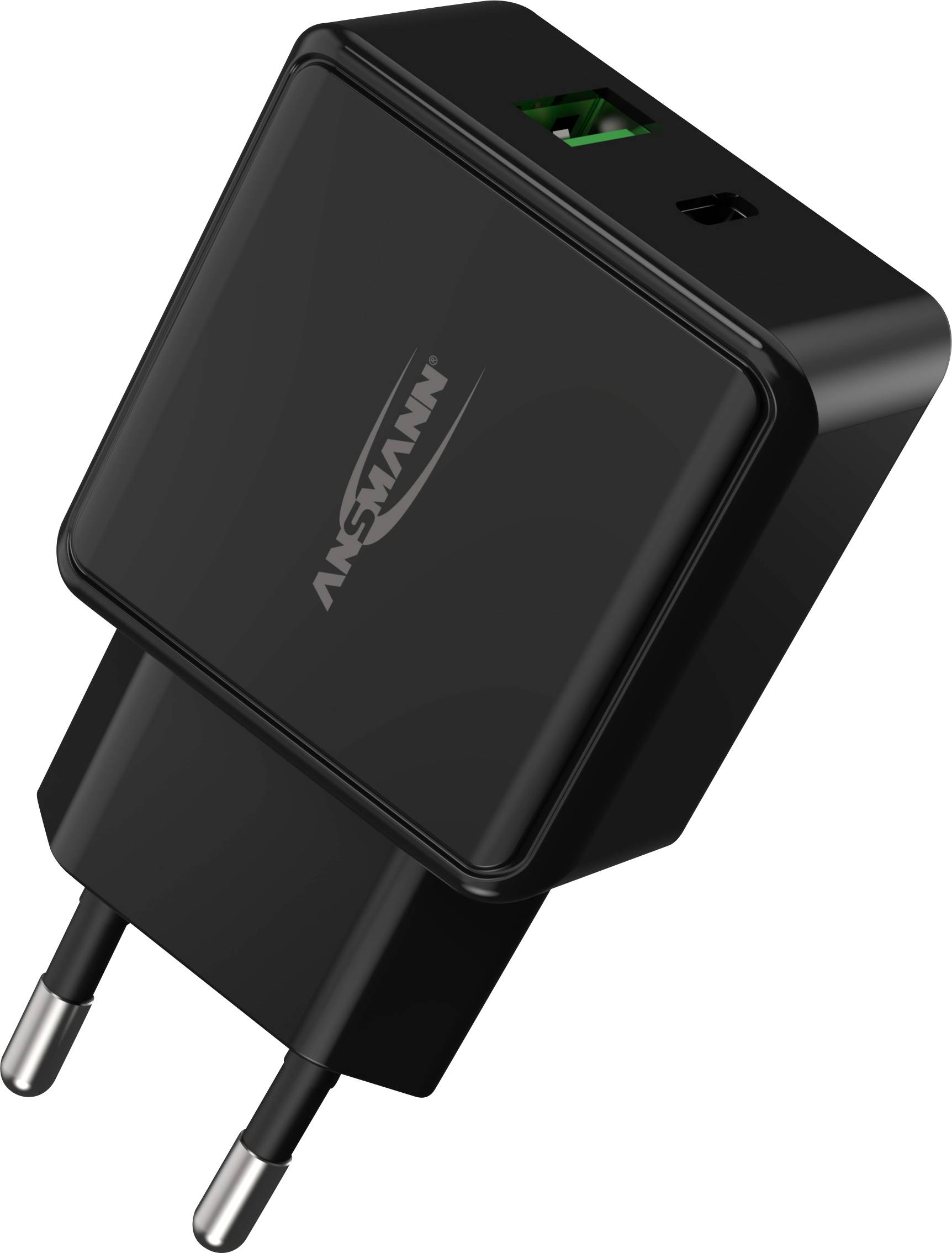 Schwarzes USB-Ladegerät mit zwei Steckdosenstiften und einem USB-Anschluss in grüner Farbe, ohne sichtbare Marken- oder Modellspezifikationen.