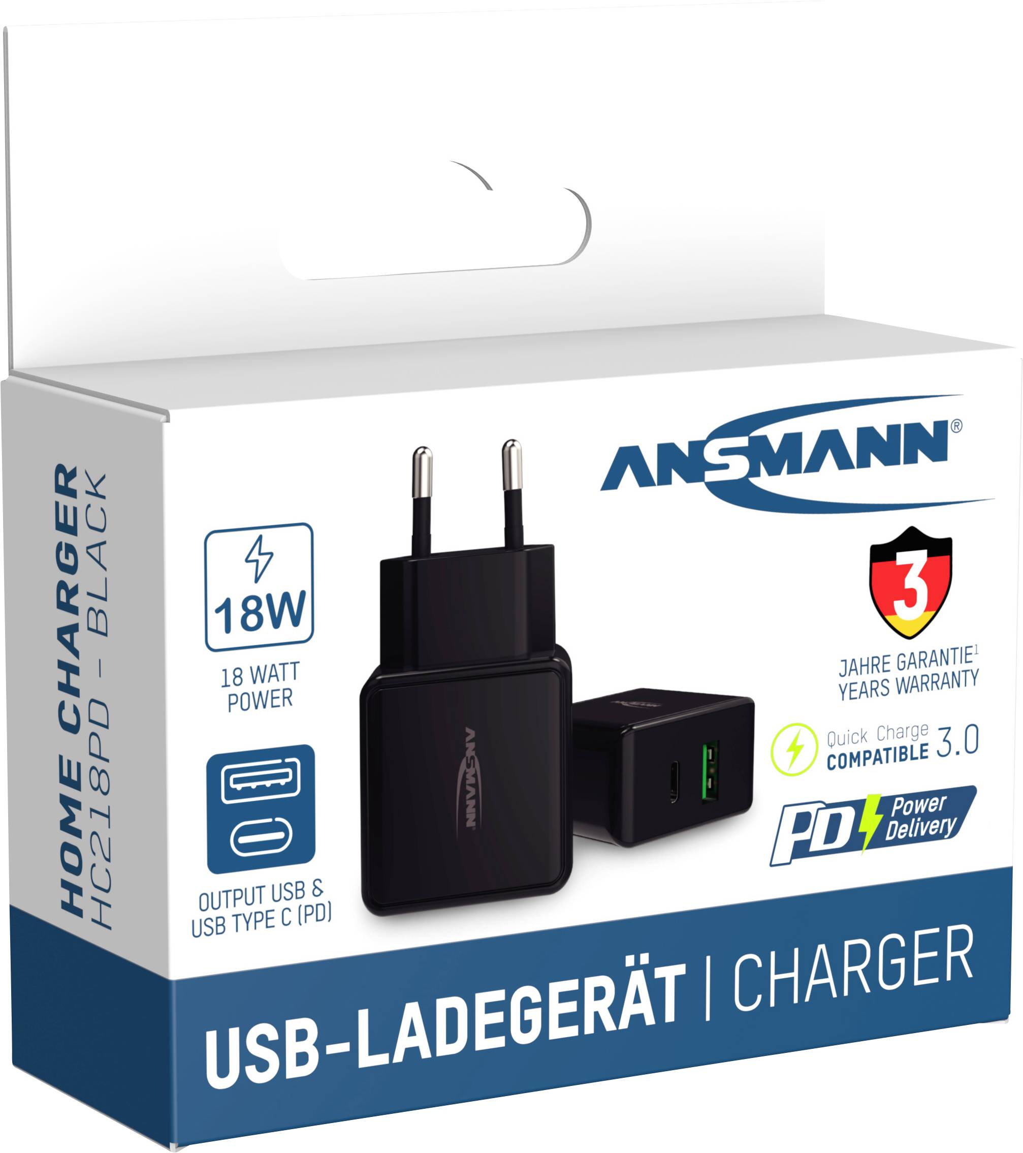 Ein schwarzes USB-Ladegerät der Marke Ansmann mit Quick Charge 3.0 und Power Delivery, 18W Leistung, abgebildet auf der Verpackung.