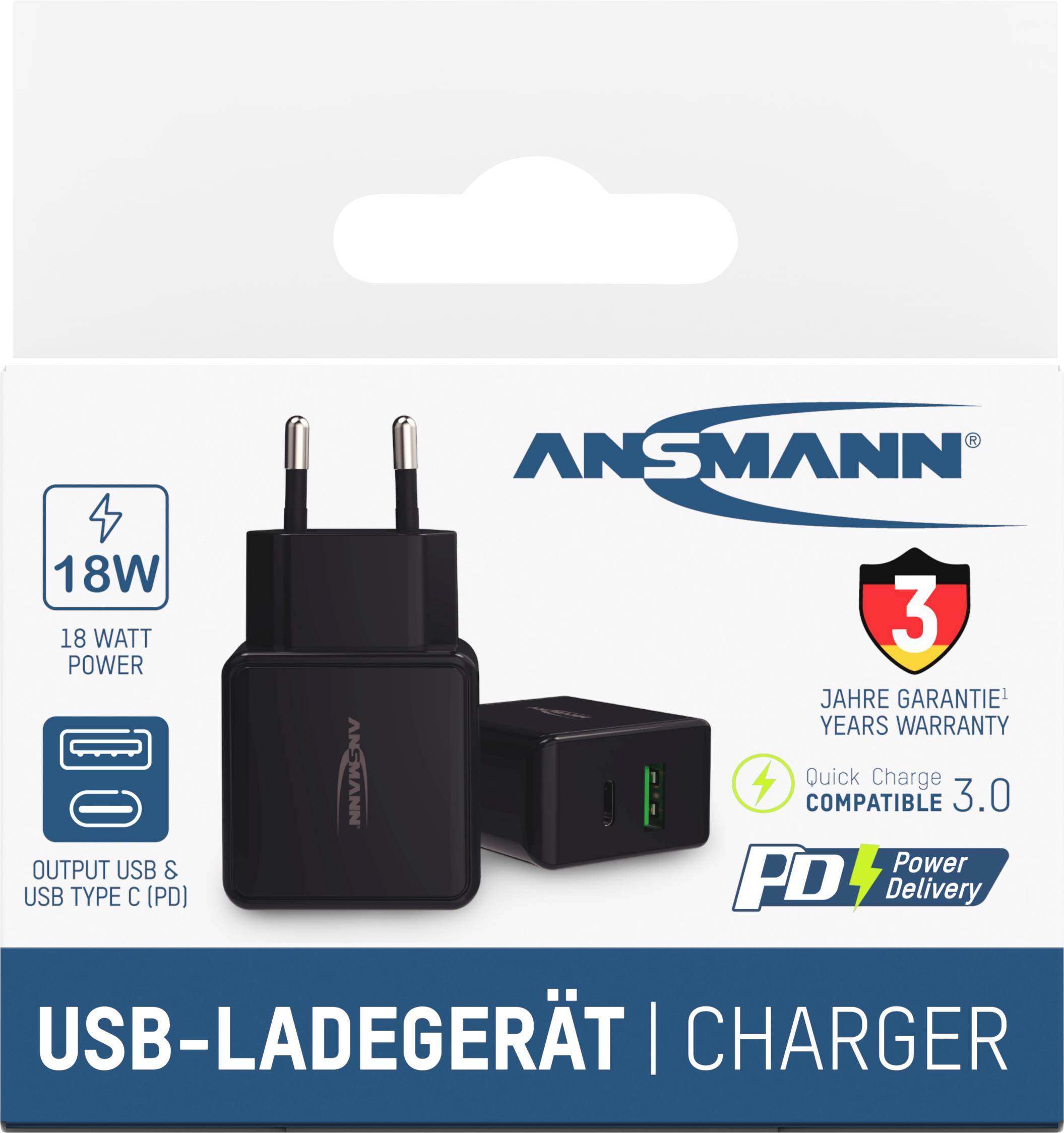 USB-Ladegerät, 18 W Leistung, kompatibel mit Quick Charge 3.0 und Power Delivery. Anzeige von Garantie: 3 Jahre.
