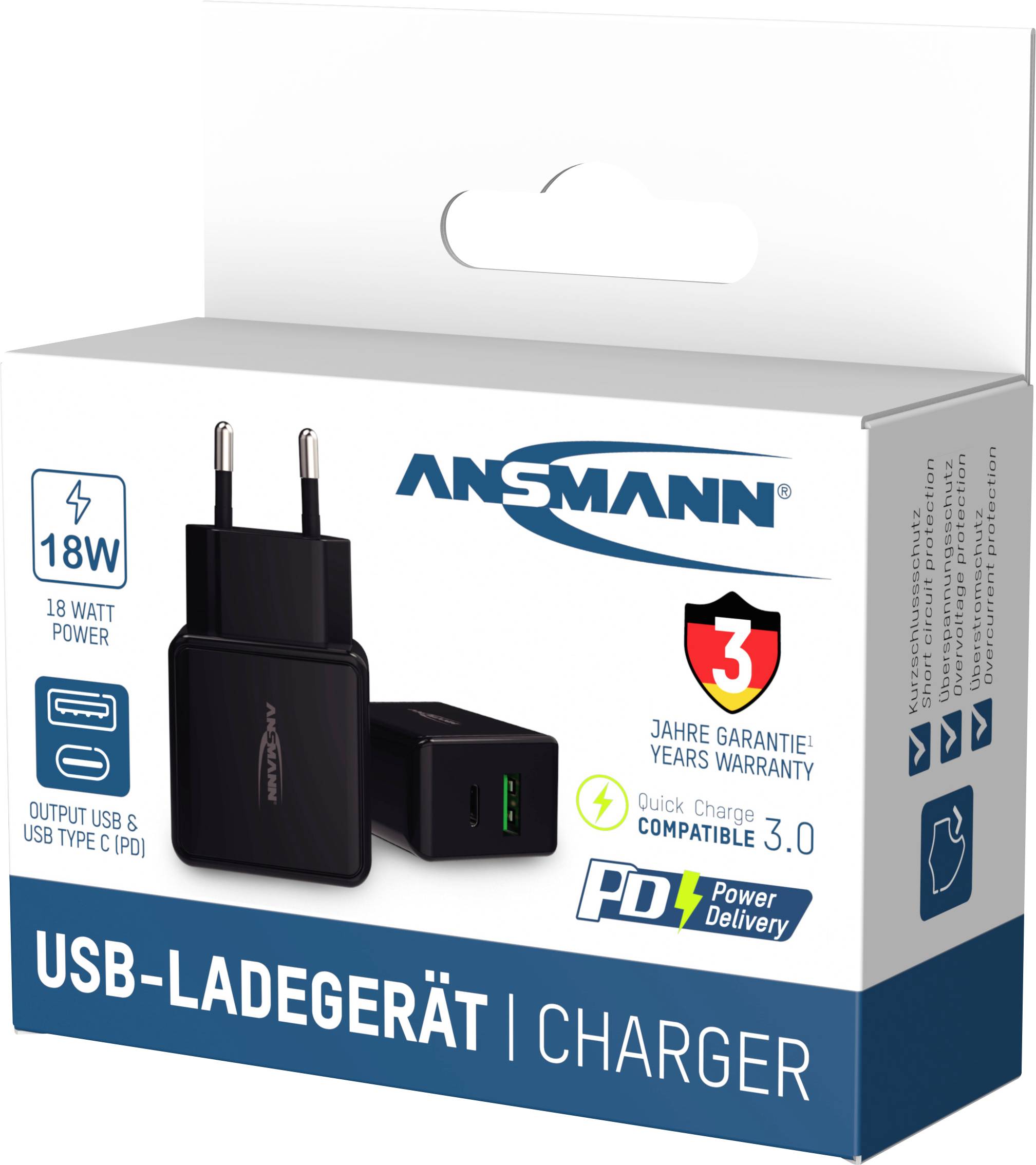 USB-Ladegerät mit 18 Watt Leistung und Power Delivery, inklusive 3 Jahre Garantie. Kompatibel mit Quick Charge 3.0.