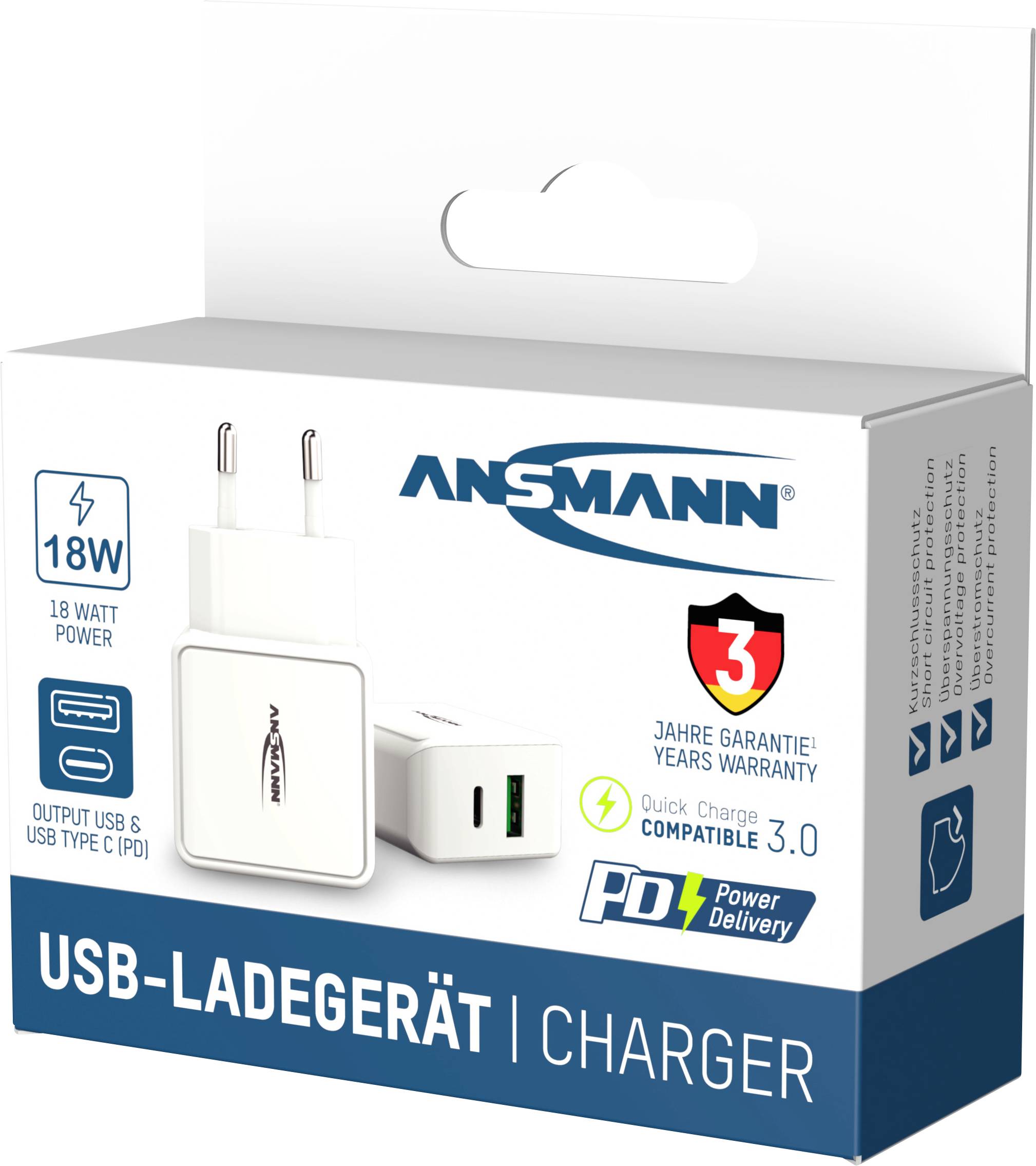 Ansmann HomeCharger HC218PD USB Ladegerät 18 W 1x USB-A, 1x USB-C® USB PD Weiß Innenbereich