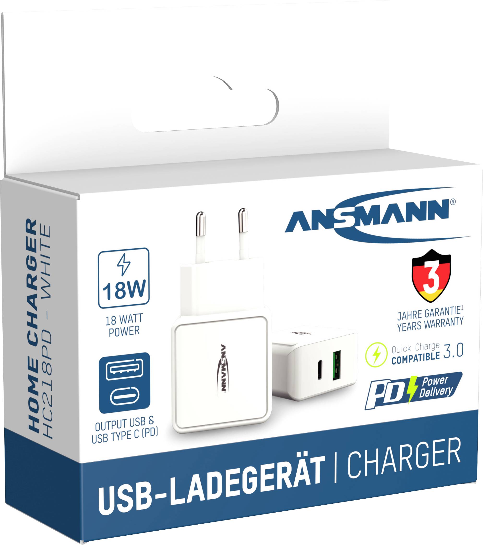 Ansmann HomeCharger HC218PD USB Ladegerät 18 W 1x USB-A, 1x USB-C® USB PD Weiß Innenbereich