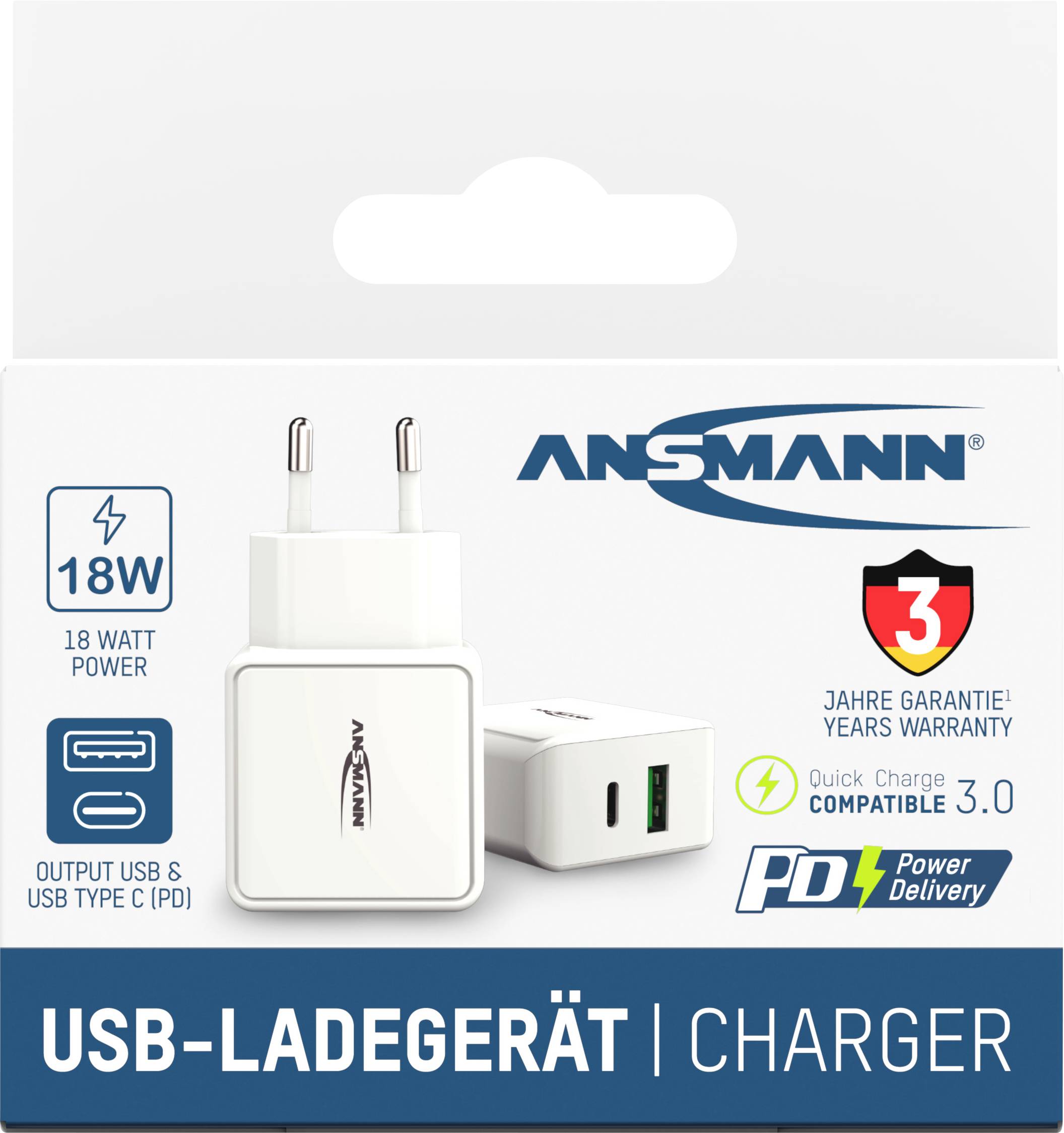 Ansmann HomeCharger HC218PD USB Ladegerät 18W 1x USB-A, 1x USB-C® USB PD Weiß Innenbereich