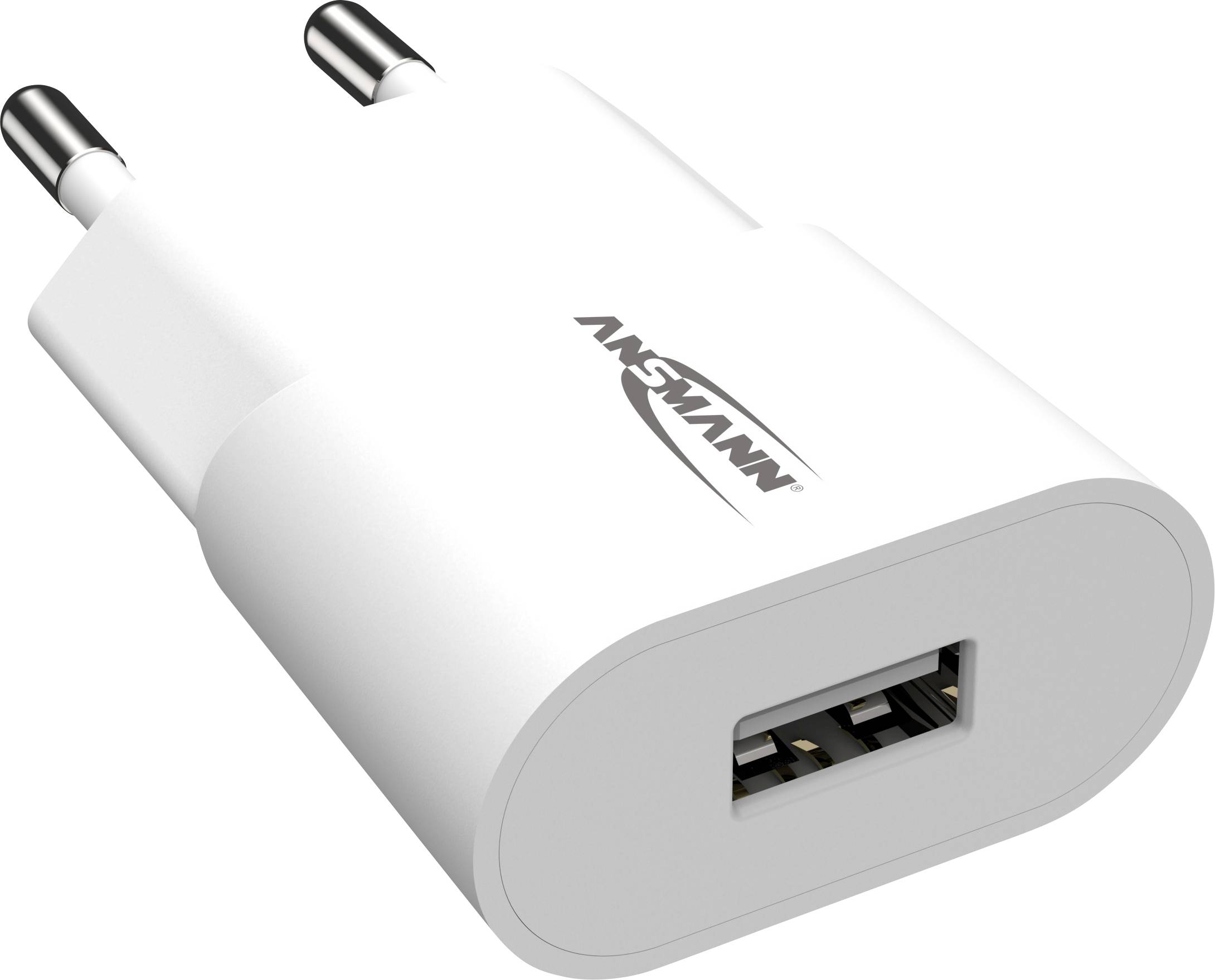 Weißes USB-Ladegerät mit Eurostecker und der Aufschrift 'Ansmann'.