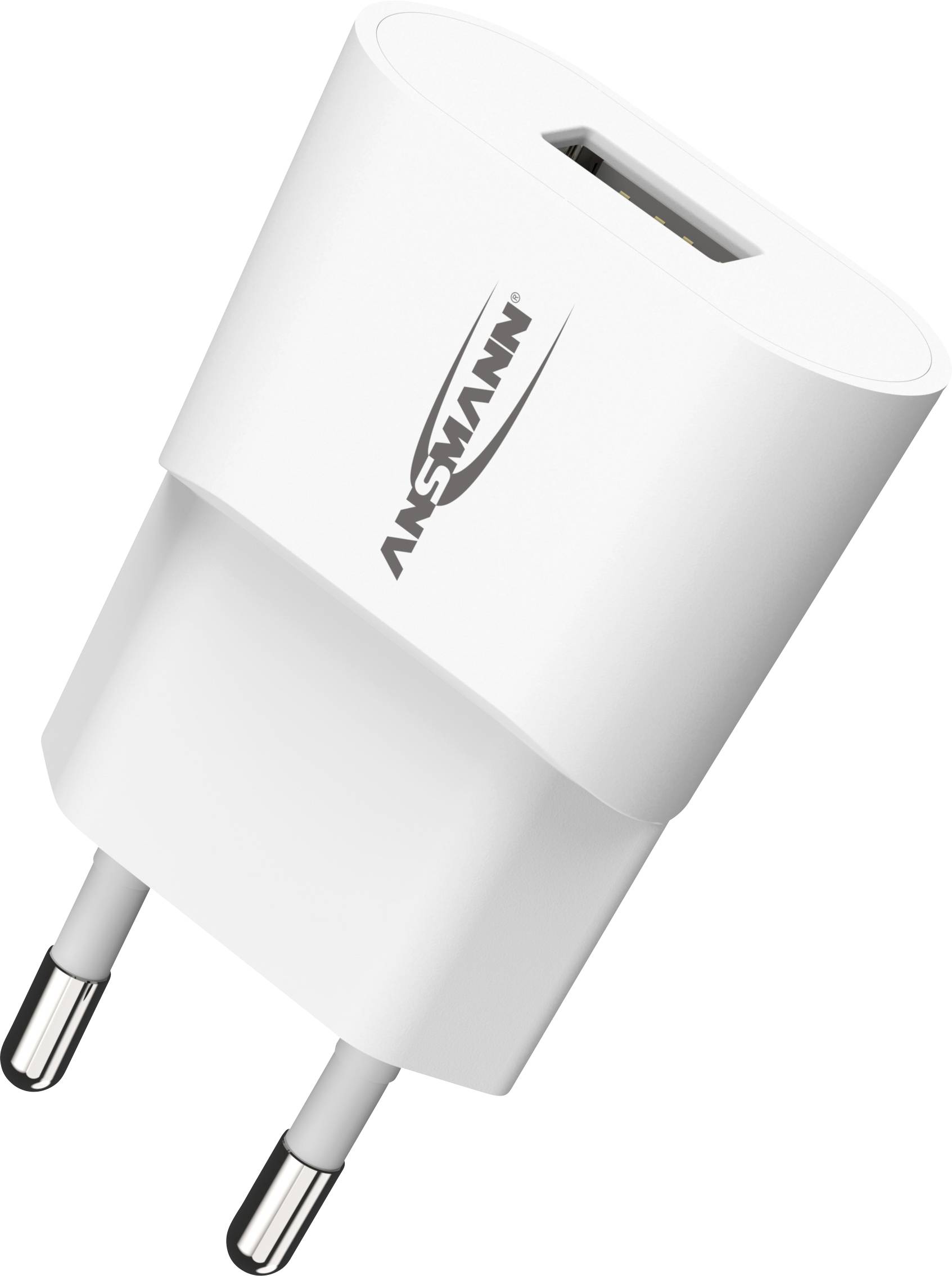 Weißes USB-Ladegerät mit europäischem Stecker, geeignet zum Aufladen von elektronischen Geräten. Markiert mit 'Ansmann'.
