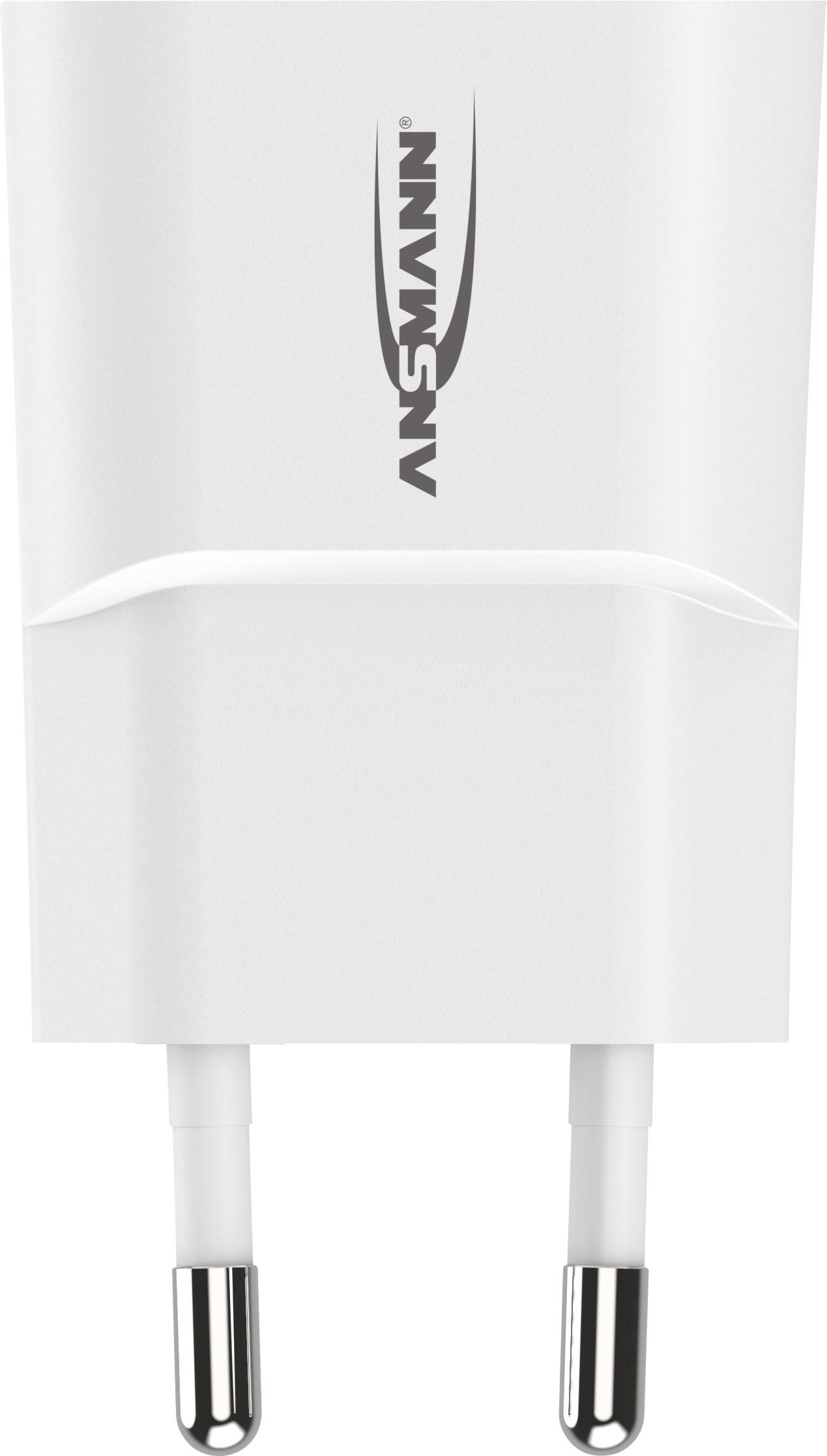 Weißes USB-Ladegerät mit zwei Steckdosenkontakten und der Aufschrift 'ANSMANN' auf der Vorderseite.