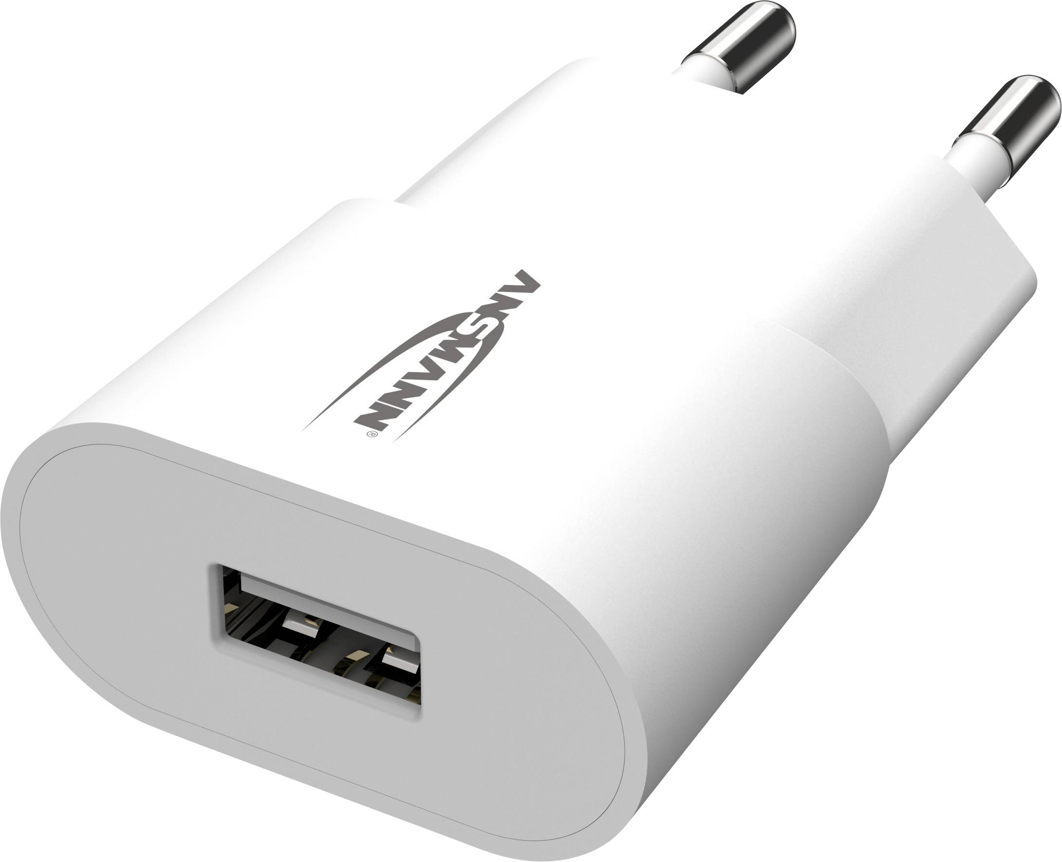 Ein weißes USB-Ladegerät mit zwei Steckstiften und einem USB-Anschluss. Markenname auf der Oberseite sichtbar.