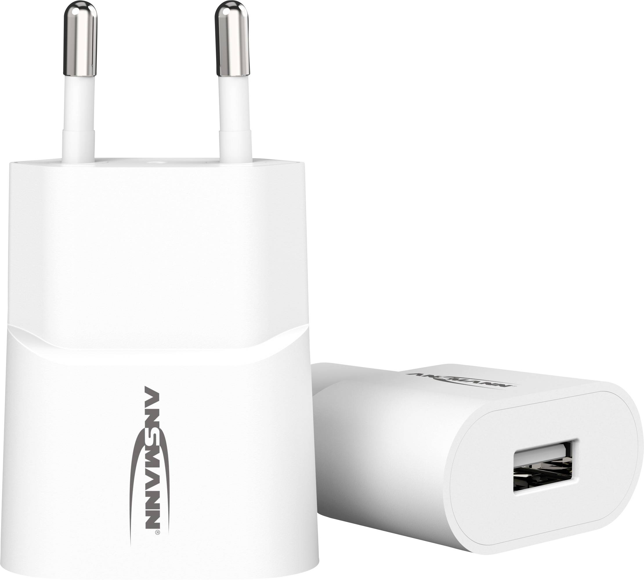 Weißes USB-Wandladegerät mit abgerundetem Design und EU-Stecker, seitlich liegend dargestellt.