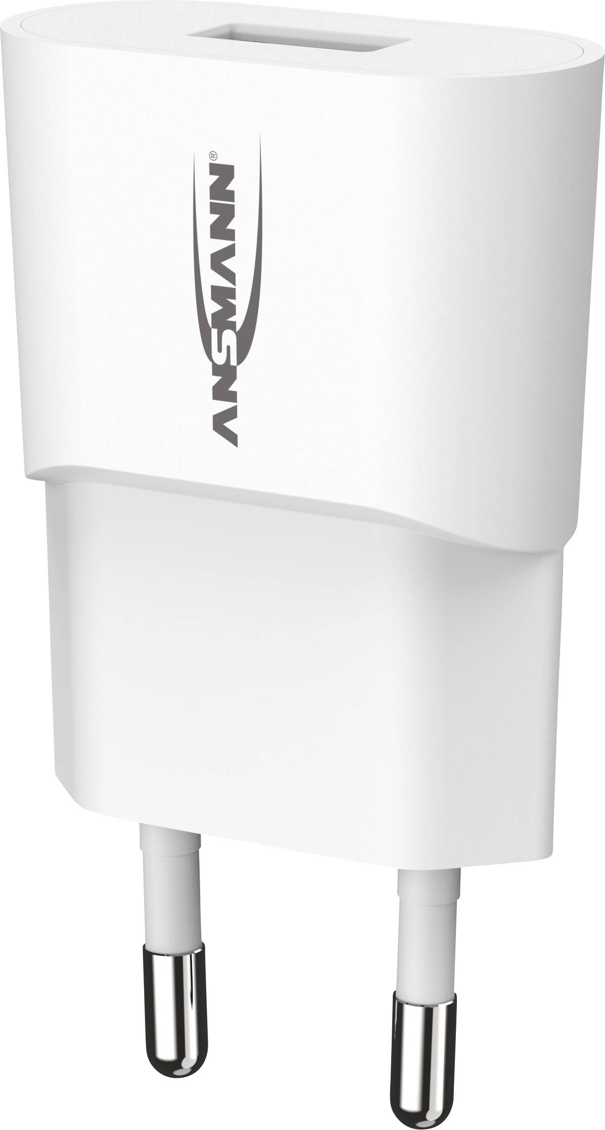 Weißes USB-Ladegerät mit zwei Steckstiften, Marke Ansmann. Geeignet für europäische Steckdosen, kompakt und tragbar.
