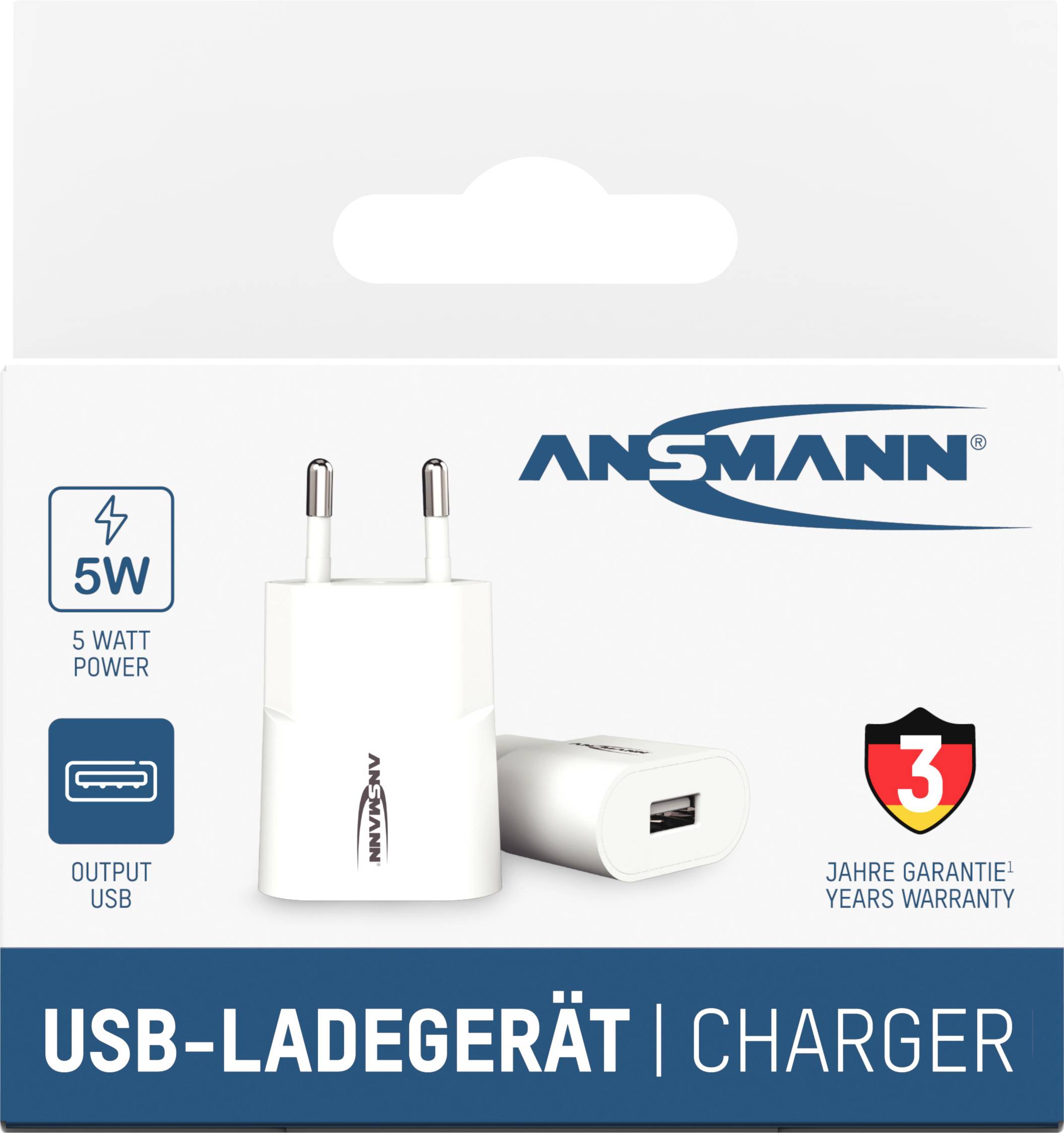 USB-Ladegerät mit 5 Watt Leistung und USB-Anschluss. Enthält 3 Jahre Garantie.