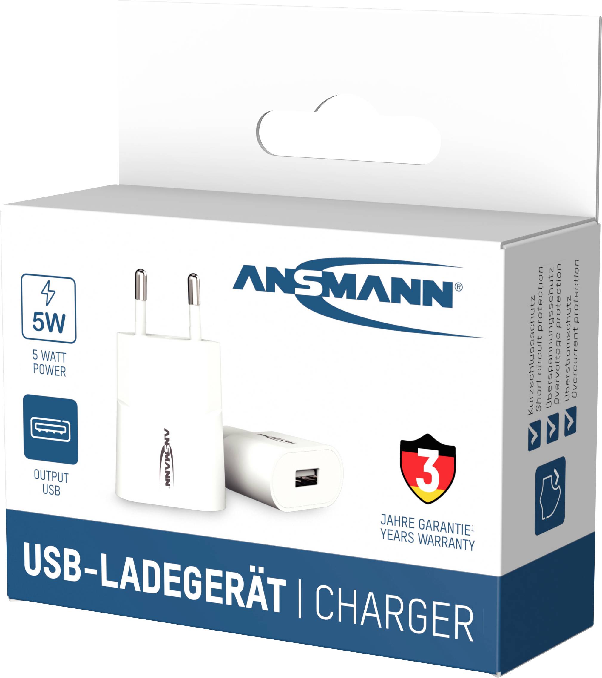 USB-Ladegerät in weißer Verpackung mit EU-Stecker. Aufschrift: '5W', '3 Jahre Garantie', 'USB-Ladegerät'.