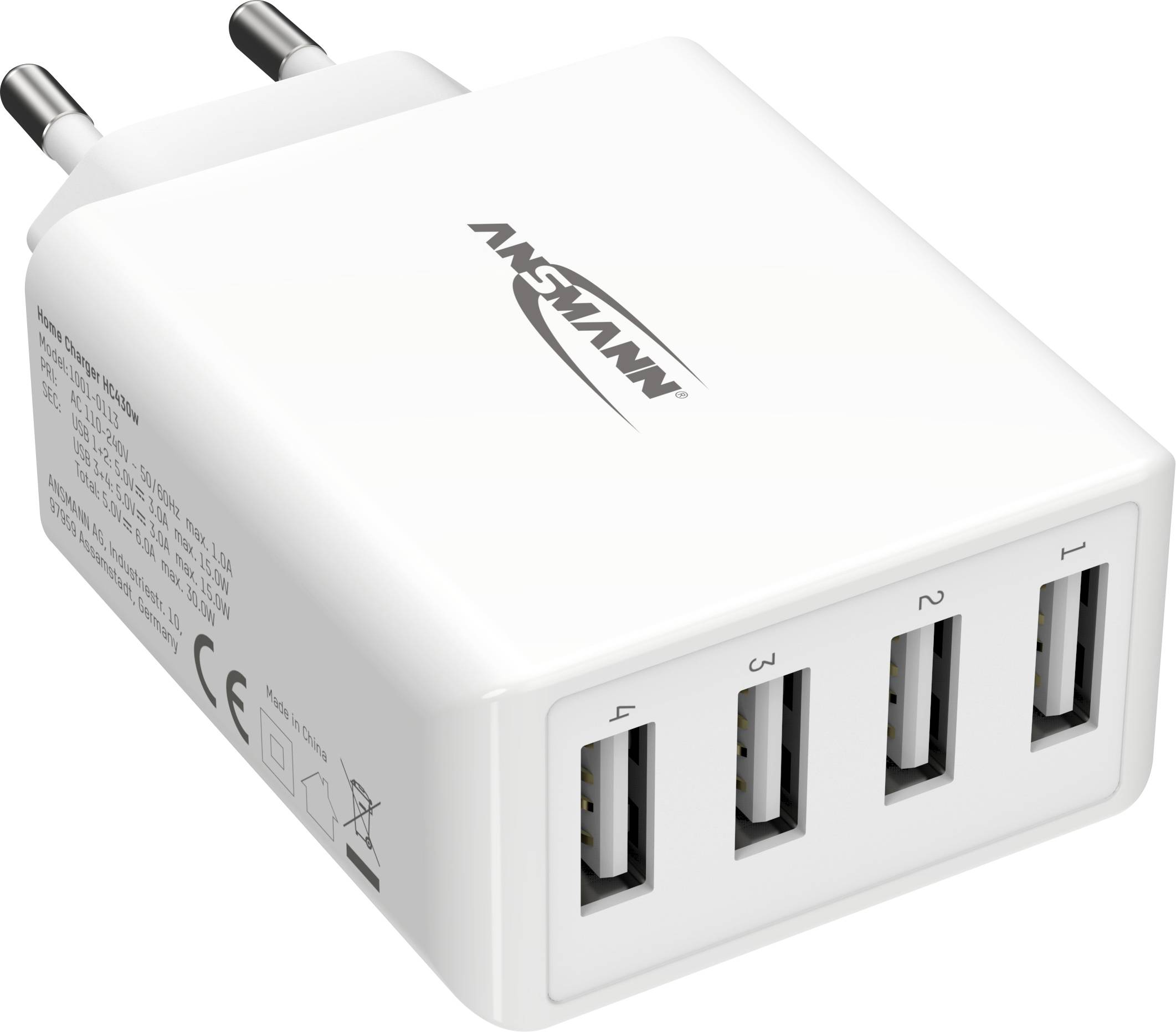 Ansmann HomeCharger HC430 USB Ladegerät 30 W 4x USB-A Weiß Innenbereich