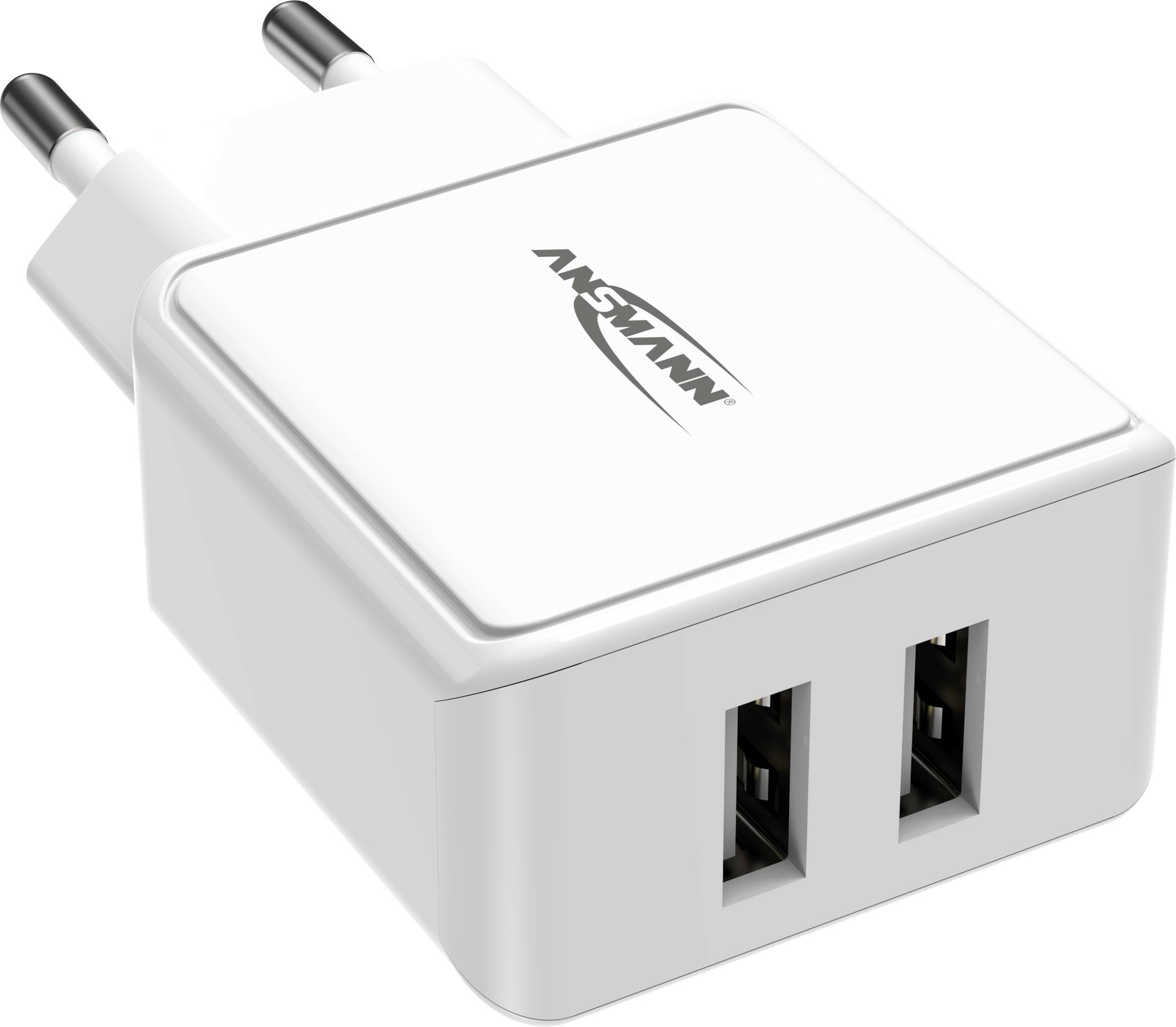Weiße USB-Ladestation mit zwei USB-Anschlüssen und einem Netzstecker zur Stromversorgung.