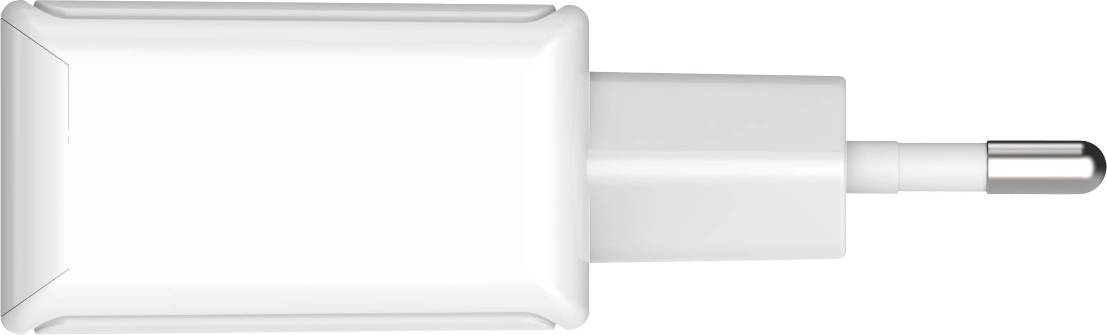 Ein weißes USB-Ladegerät mit einem Euro-Stecker zur Stromversorgung elektronischer Geräte.