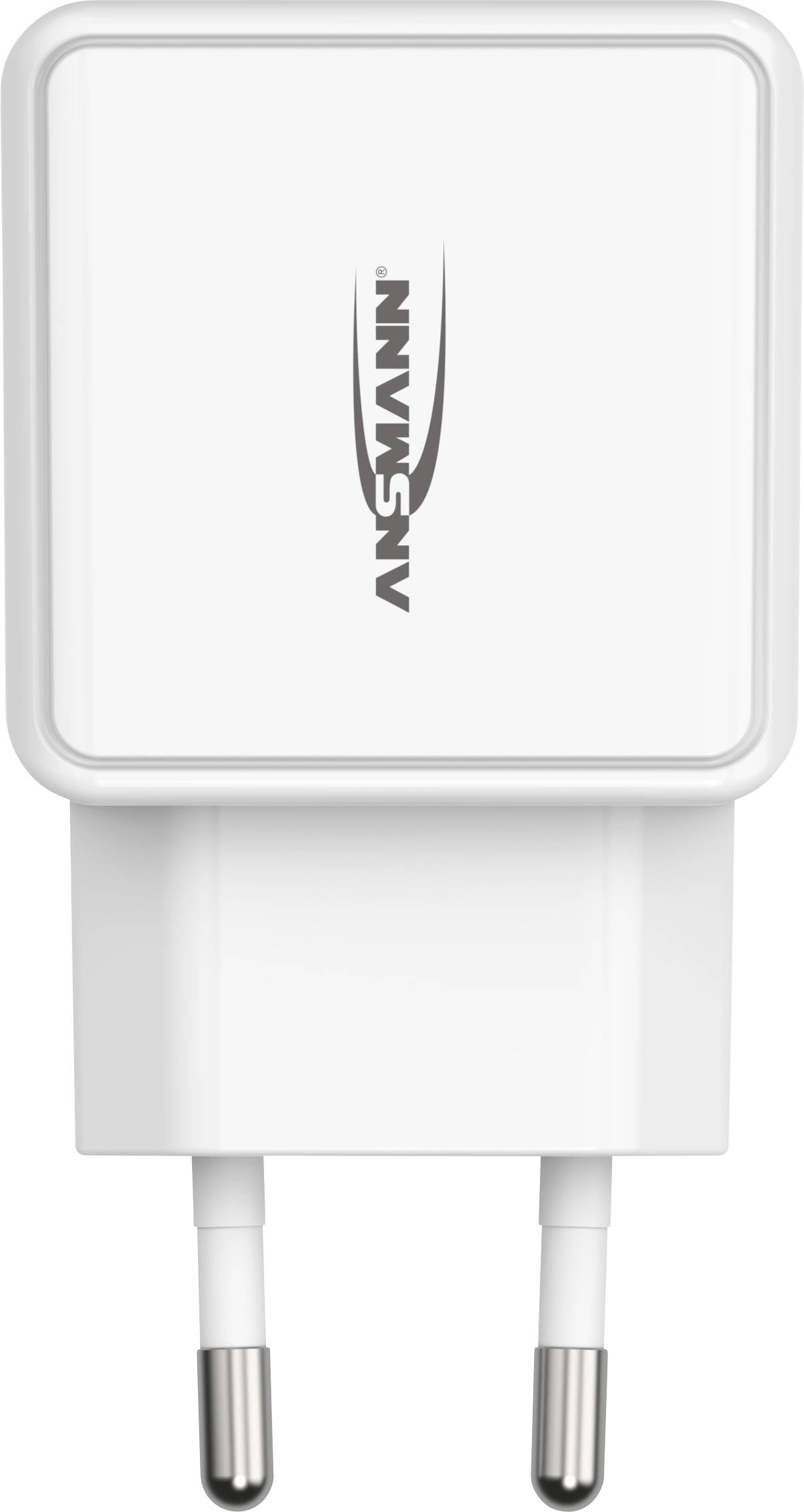 Ein weißes USB-Ladegerät mit zwei Steckkontakten, geeignet für europäische Steckdosen. Markenname 'ANSMANN' auf der Vorderseite.