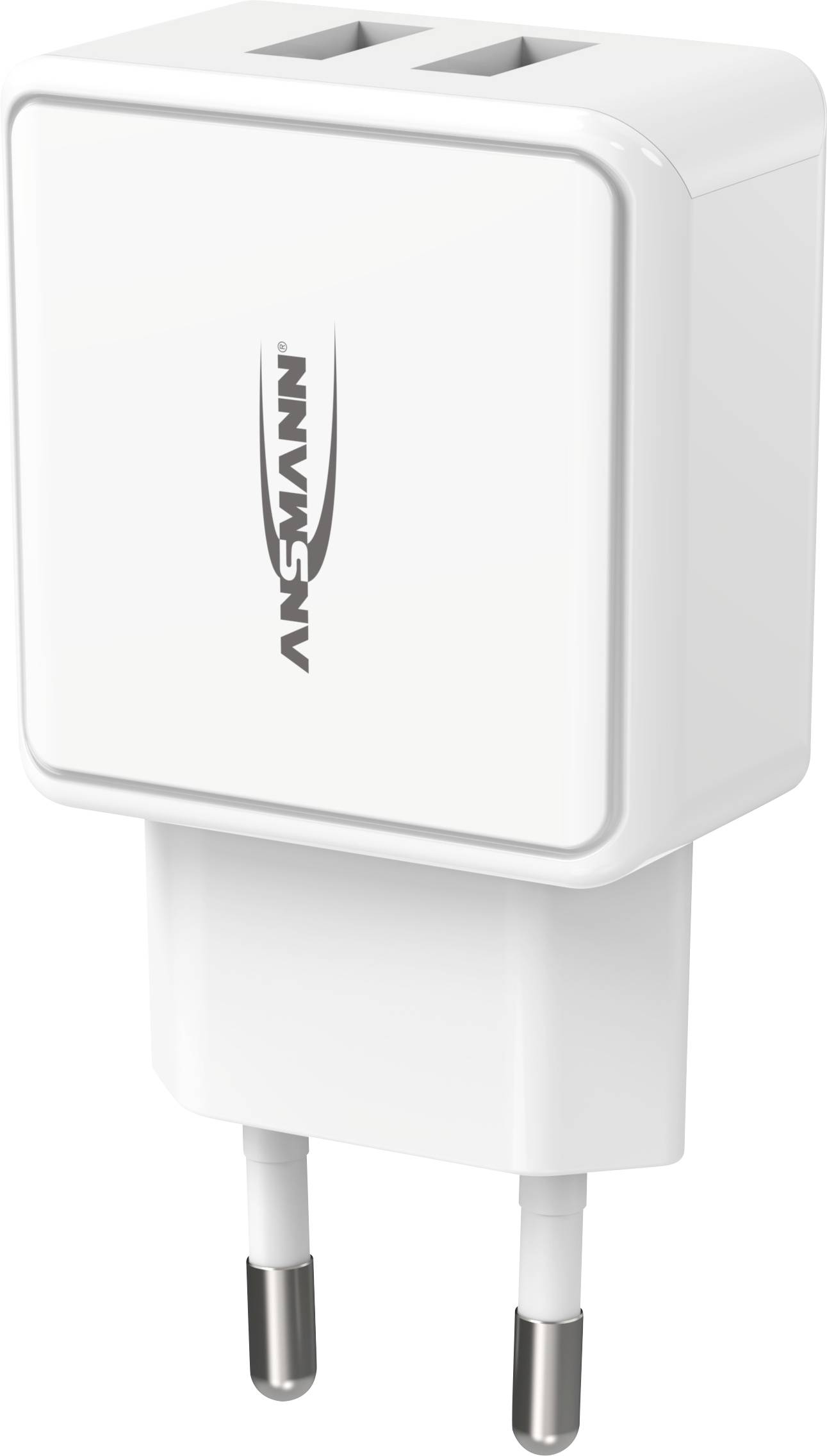 Weißes Ansmann USB-Ladegerät mit zwei Anschlussbuchsen und einem deutschen Stecker, geeignet für Mobilgeräte.