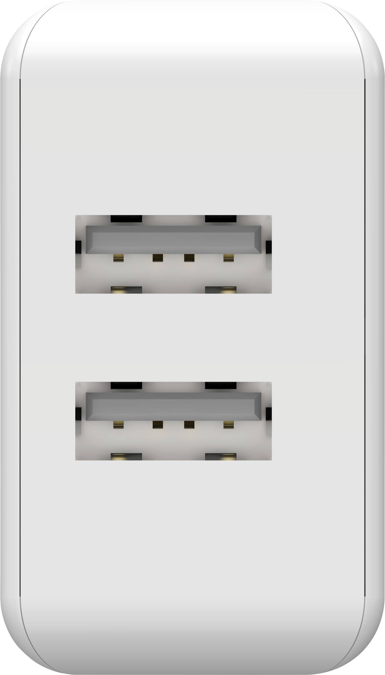Zweifach-USB-Steckdose zur Wandmontage, geeignet für gleichzeitiges Laden von zwei Geräten. Modernes, weißes Design.