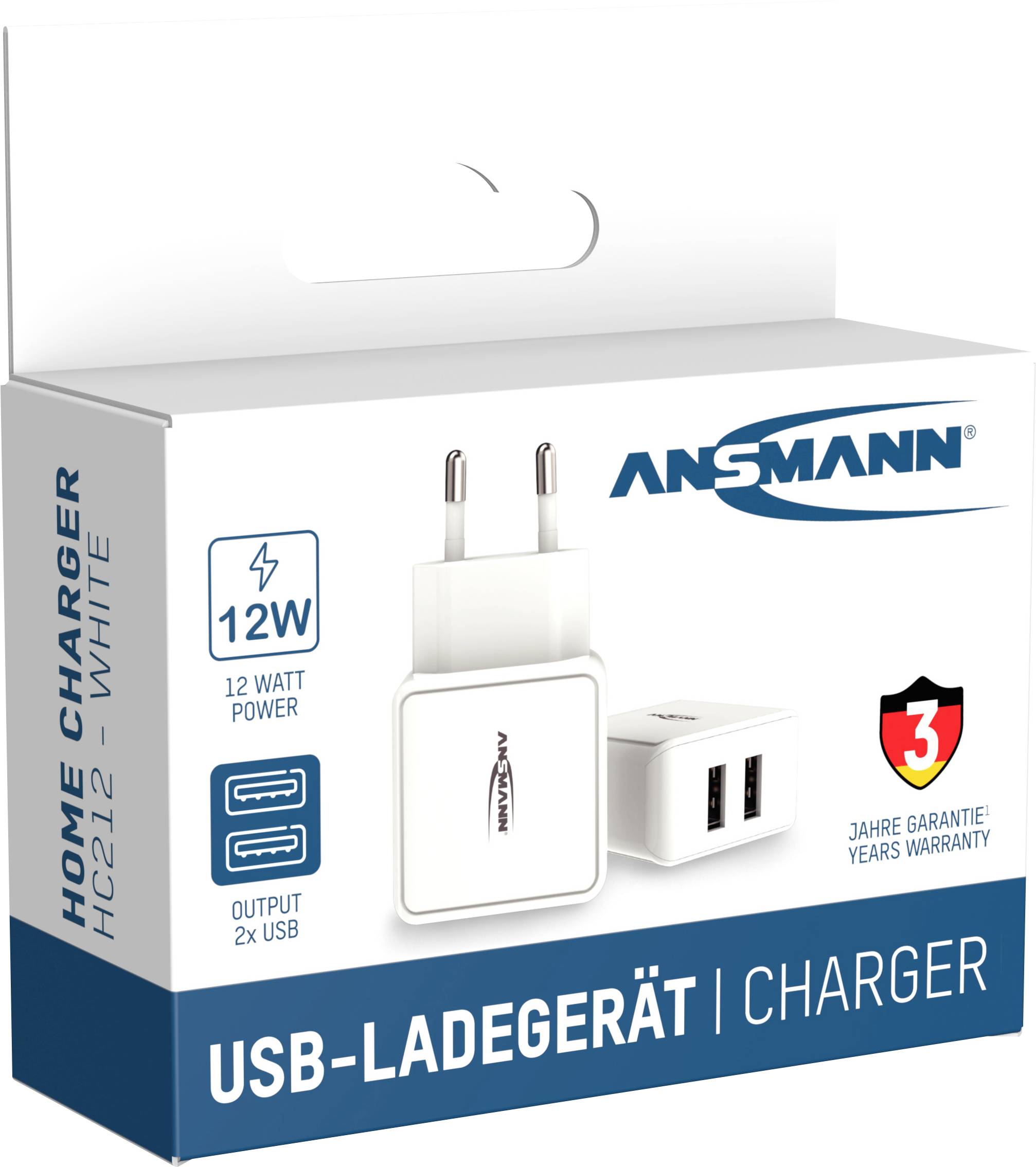 Kartonverpackung eines Ansmann USB-Ladegeräts mit zwei USB-Anschlüssen, 12 Watt Leistung, und 3 Jahre Garantie.