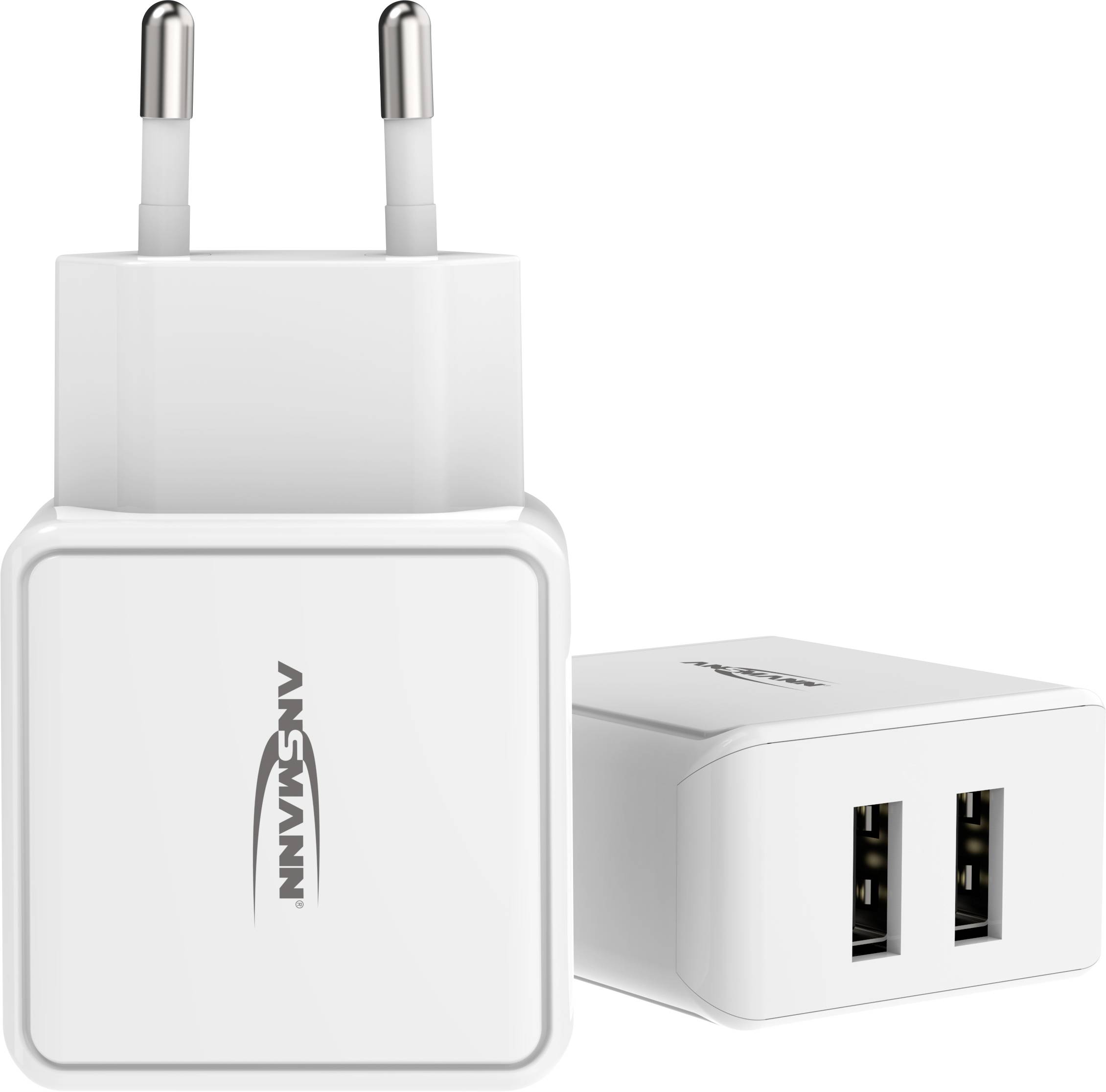 Zwei weiße USB-Ladegeräte mit dem Markenlogo, eines in der Vorderansicht mit zwei USB-Anschlüssen, das andere in der Seitenansicht.