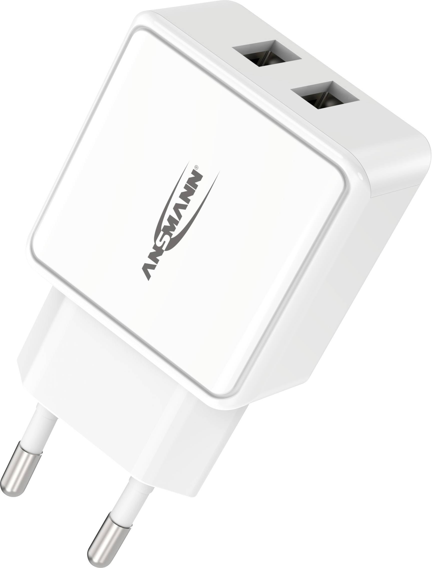Weiße Steckdose mit zwei USB-Anschlüssen und europäischem Stecker; zeigt das Logo 'ANSMANN' auf der Vorderseite.