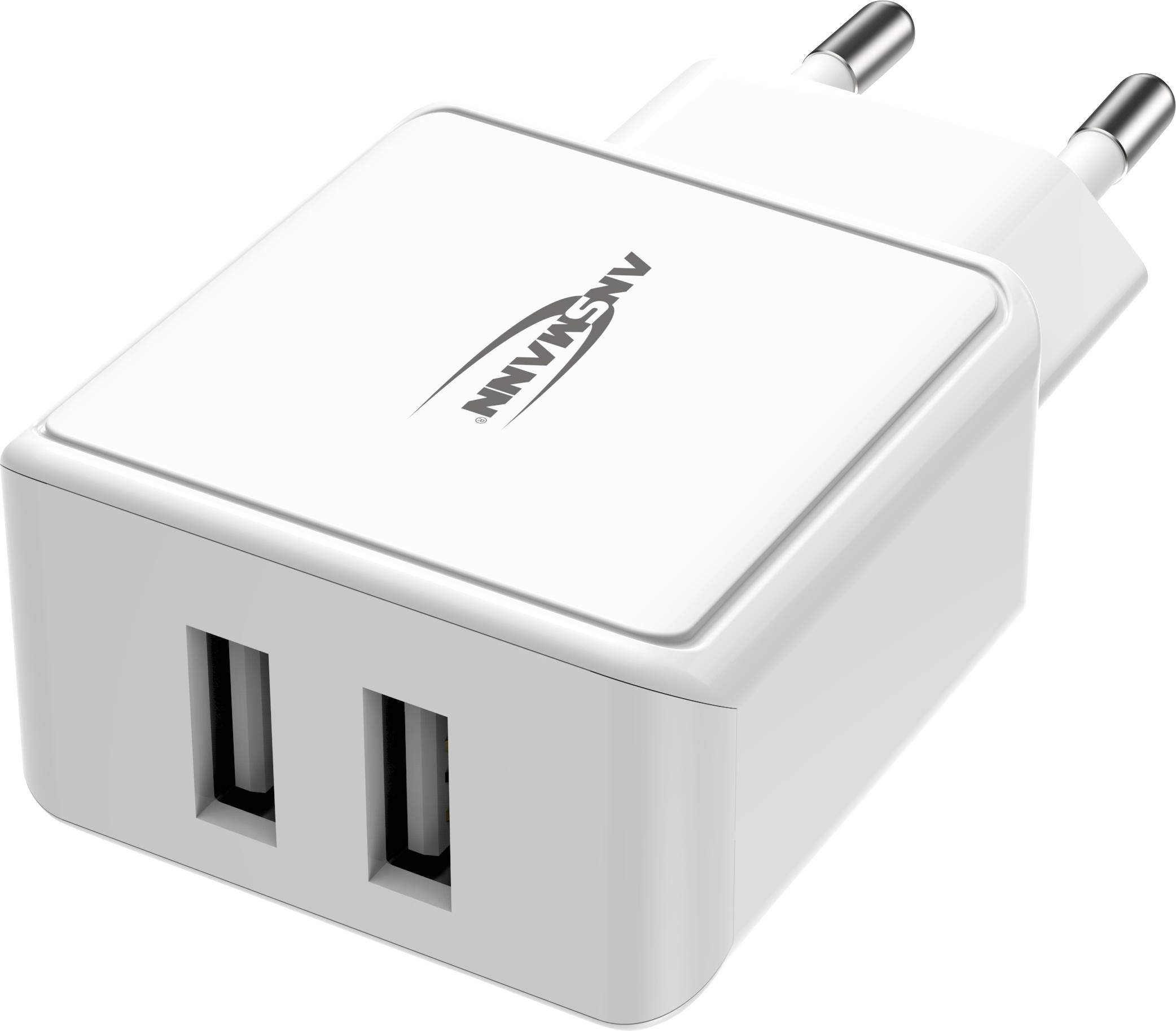 Ein weißes Netzladegerät mit zwei USB-Anschlüssen und europäischem Steckeradapter, geeignet zum gleichzeitigen Laden von zwei Geräten.
